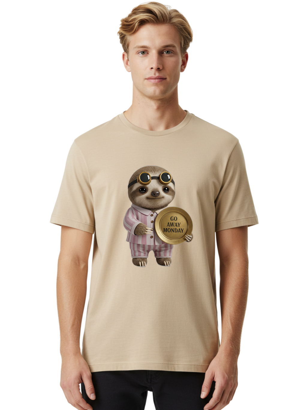 Go-Away-Monday-Sloth Men'S Graphic Tee, 100% Cotton, Comfortable Casual Summer Wear, Machine Washable, Sloth In Pajamas, Funny Meme, Humorous Animal, Relaxing Vibe, Lazy Monday, Humor, Quirky Character, Comical Animal, Funny Illustration Bae460