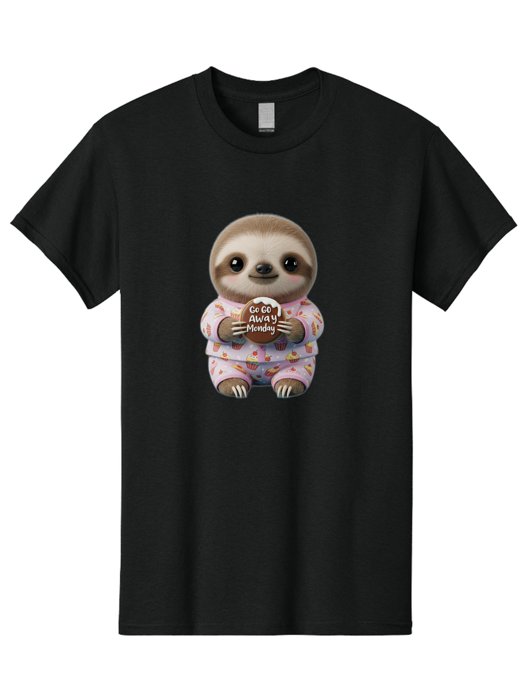 Go-Go-Away-Monday-Sloth Men'S Graphic Tee, 100% Cotton, Comfortable Casual Summer Wear, Machine Washable, Cute Sloth, Funny Sloth, Sloth In Pajamas, Cupcake Patterned, Holding Chocolate, Go Away Monday, Monday Blues, Humorous Illustration Bae461