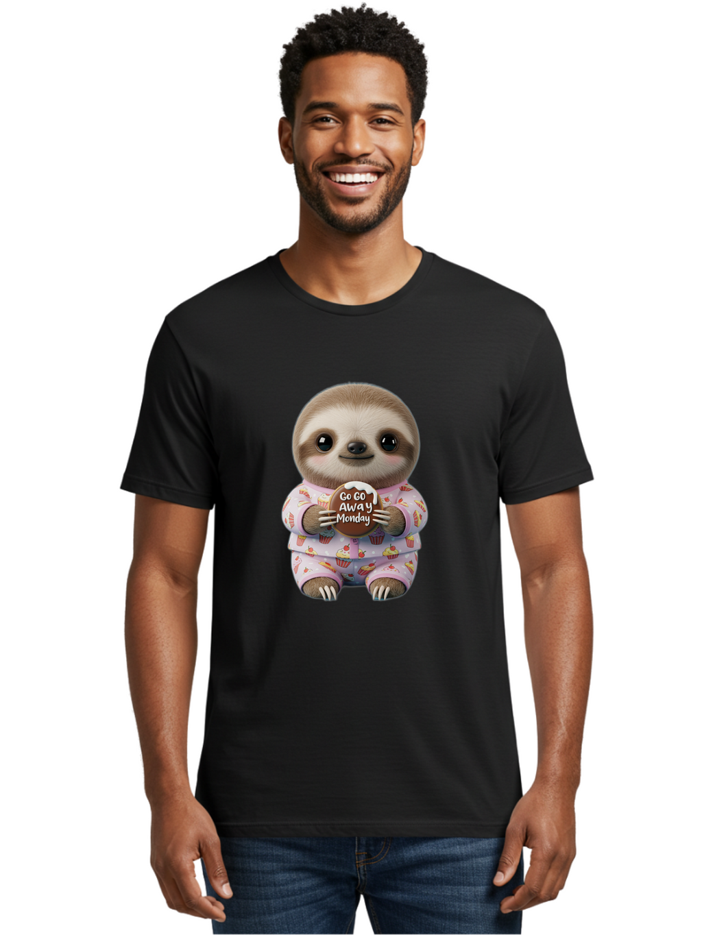 Go-Go-Away-Monday-Sloth Men'S Graphic Tee, 100% Cotton, Comfortable Casual Summer Wear, Machine Washable, Cute Sloth, Funny Sloth, Sloth In Pajamas, Cupcake Patterned, Holding Chocolate, Go Away Monday, Monday Blues, Humorous Illustration Bae461