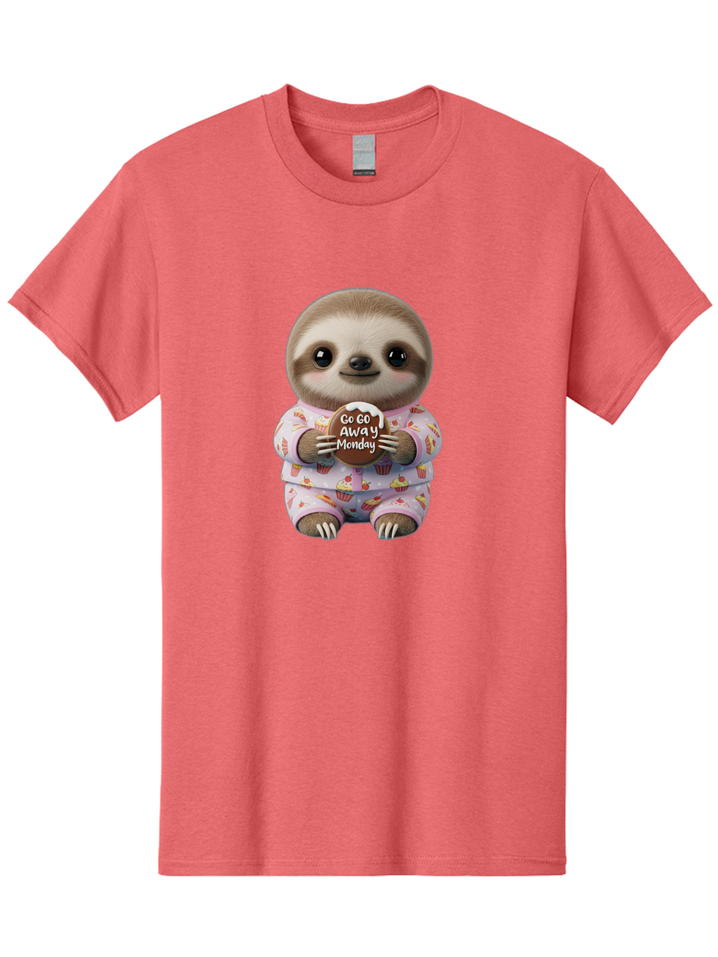 Go-Go-Away-Monday-Sloth Men'S Graphic Tee, 100% Cotton, Comfortable Casual Summer Wear, Machine Washable, Cute Sloth, Funny Sloth, Sloth In Pajamas, Cupcake Patterned, Holding Chocolate, Go Away Monday, Monday Blues, Humorous Illustration Bae461