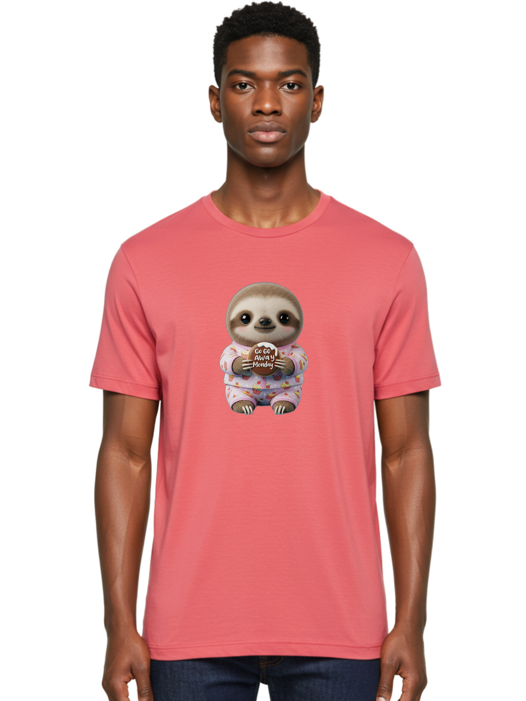 Go-Go-Away-Monday-Sloth Men'S Graphic Tee, 100% Cotton, Comfortable Casual Summer Wear, Machine Washable, Cute Sloth, Funny Sloth, Sloth In Pajamas, Cupcake Patterned, Holding Chocolate, Go Away Monday, Monday Blues, Humorous Illustration Bae461