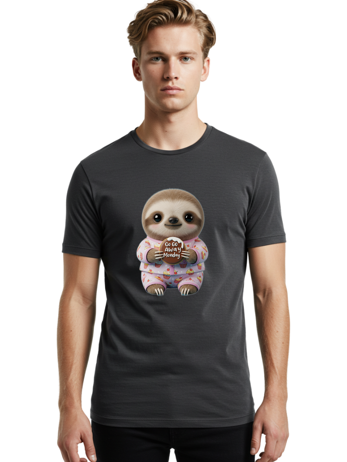 Go-Go-Away-Monday-Sloth Men'S Graphic Tee, 100% Cotton, Comfortable Casual Summer Wear, Machine Washable, Cute Sloth, Funny Sloth, Sloth In Pajamas, Cupcake Patterned, Holding Chocolate, Go Away Monday, Monday Blues, Humorous Illustration Bae461