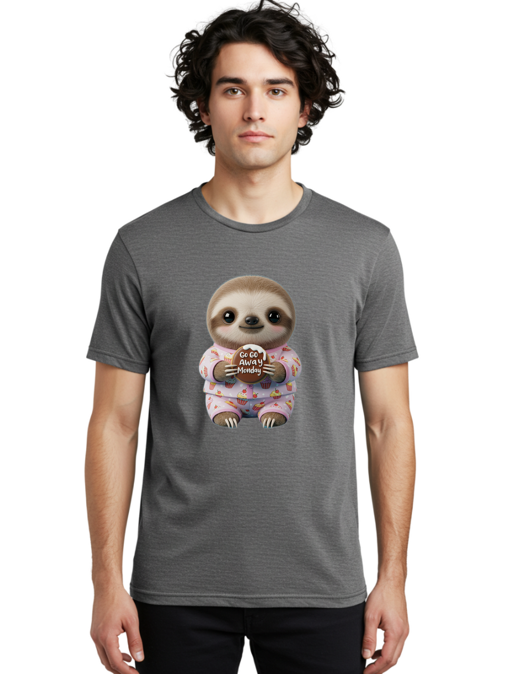 Go-Go-Away-Monday-Sloth Men'S Graphic Tee, 100% Cotton, Comfortable Casual Summer Wear, Machine Washable, Cute Sloth, Funny Sloth, Sloth In Pajamas, Cupcake Patterned, Holding Chocolate, Go Away Monday, Monday Blues, Humorous Illustration Bae461