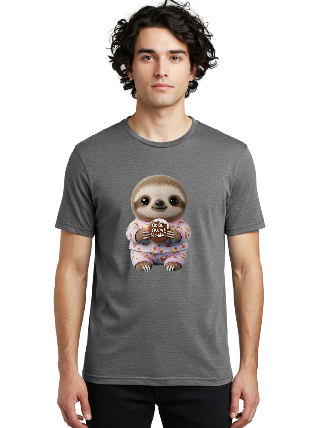 Go-Go-Away-Monday-Sloth Men'S Graphic Tee, 100% Cotton, Comfortable Casual Summer Wear, Machine Washable, Cute Sloth, Funny Sloth, Sloth In Pajamas, Cupcake Patterned, Holding Chocolate, Go Away Monday, Monday Blues, Humorous Illustration Bae461