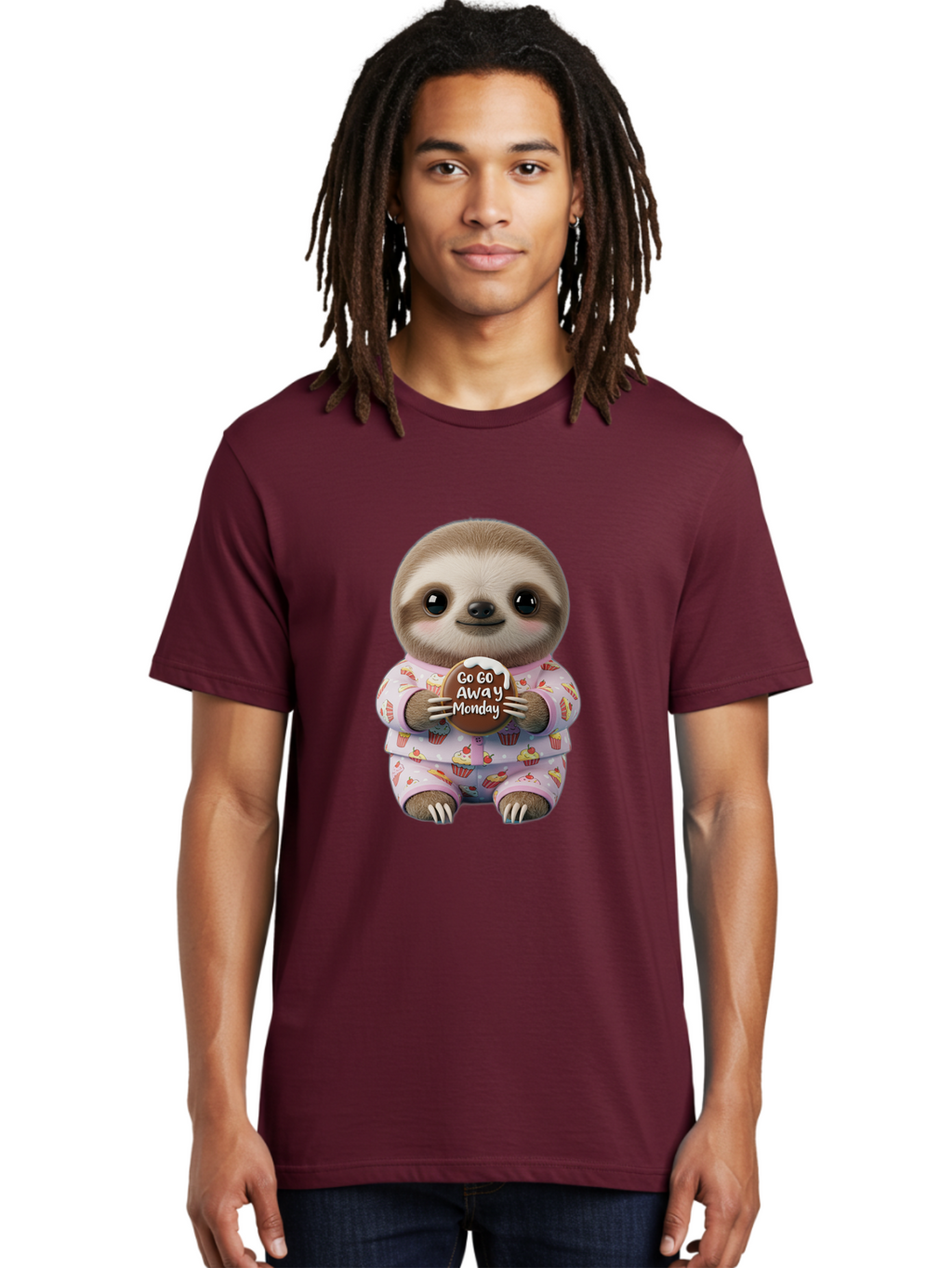 Go-Go-Away-Monday-Sloth Men'S Graphic Tee, 100% Cotton, Comfortable Casual Summer Wear, Machine Washable, Cute Sloth, Funny Sloth, Sloth In Pajamas, Cupcake Patterned, Holding Chocolate, Go Away Monday, Monday Blues, Humorous Illustration Bae461