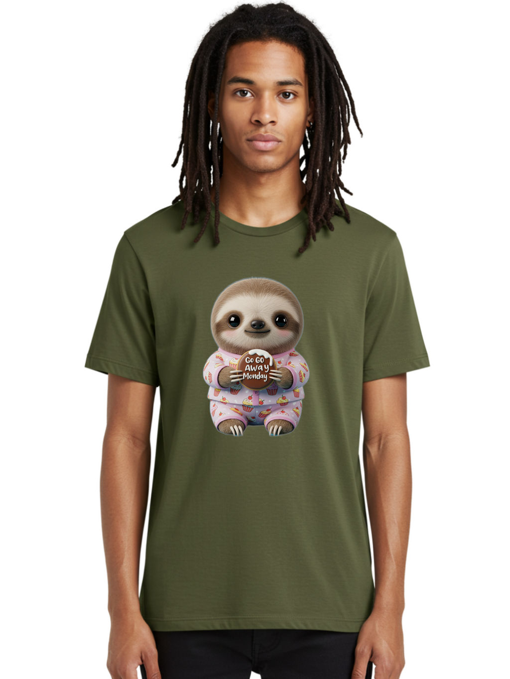 Go-Go-Away-Monday-Sloth Men'S Graphic Tee, 100% Cotton, Comfortable Casual Summer Wear, Machine Washable, Cute Sloth, Funny Sloth, Sloth In Pajamas, Cupcake Patterned, Holding Chocolate, Go Away Monday, Monday Blues, Humorous Illustration Bae461