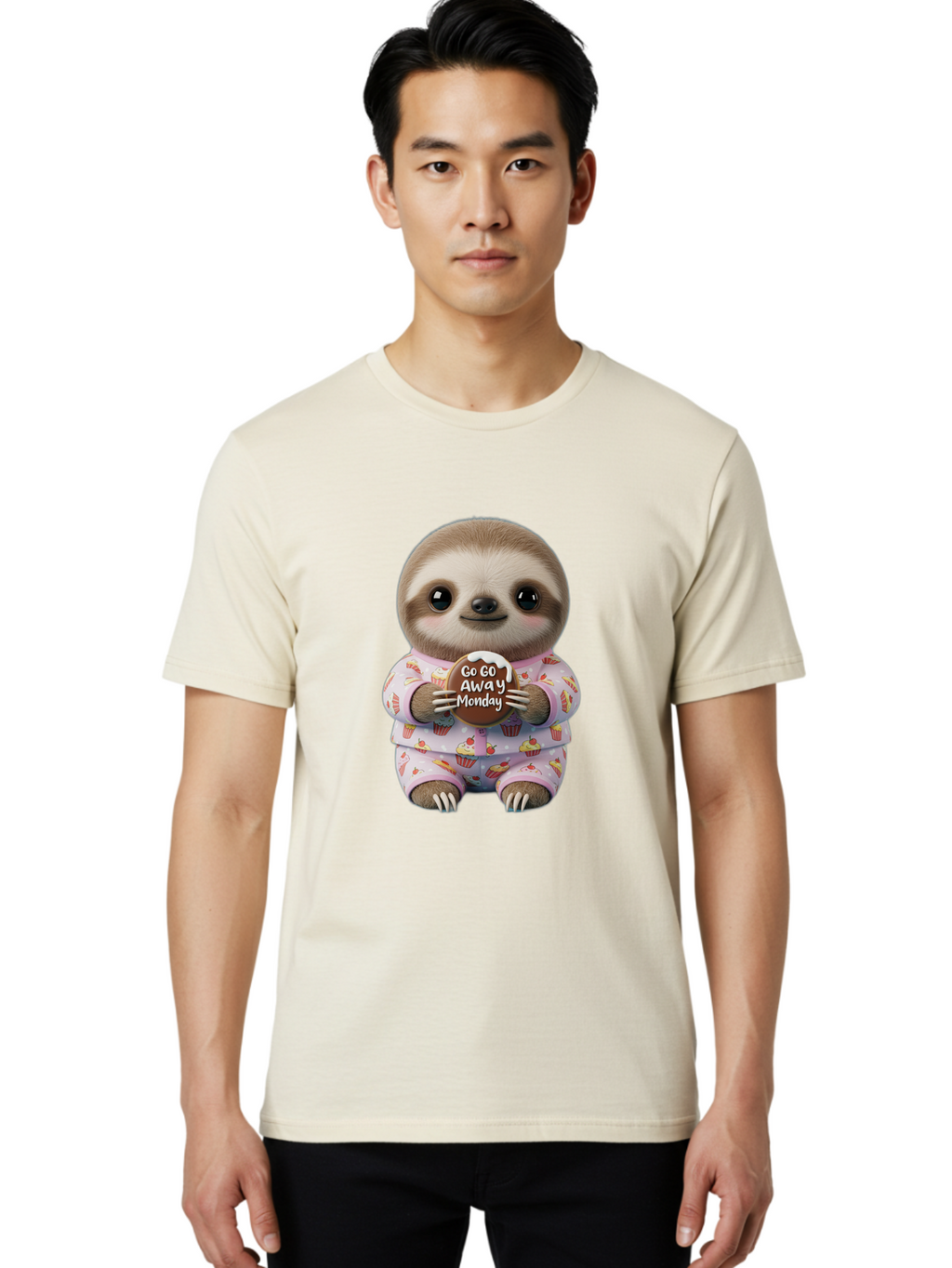 Go-Go-Away-Monday-Sloth Men'S Graphic Tee, 100% Cotton, Comfortable Casual Summer Wear, Machine Washable, Cute Sloth, Funny Sloth, Sloth In Pajamas, Cupcake Patterned, Holding Chocolate, Go Away Monday, Monday Blues, Humorous Illustration Bae461