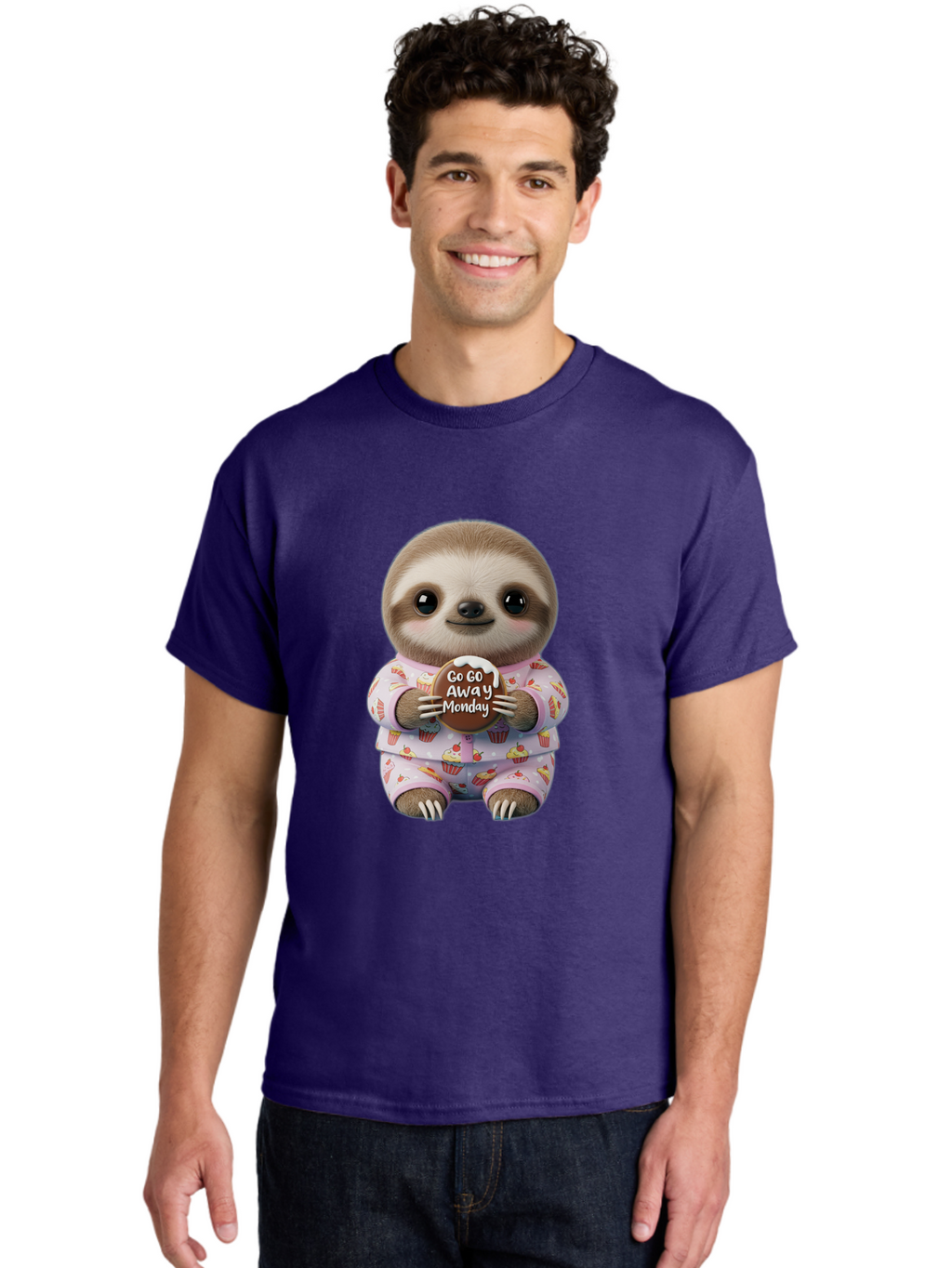 Go-Go-Away-Monday-Sloth Men'S Graphic Tee, 100% Cotton, Comfortable Casual Summer Wear, Machine Washable, Cute Sloth, Funny Sloth, Sloth In Pajamas, Cupcake Patterned, Holding Chocolate, Go Away Monday, Monday Blues, Humorous Illustration Bae461