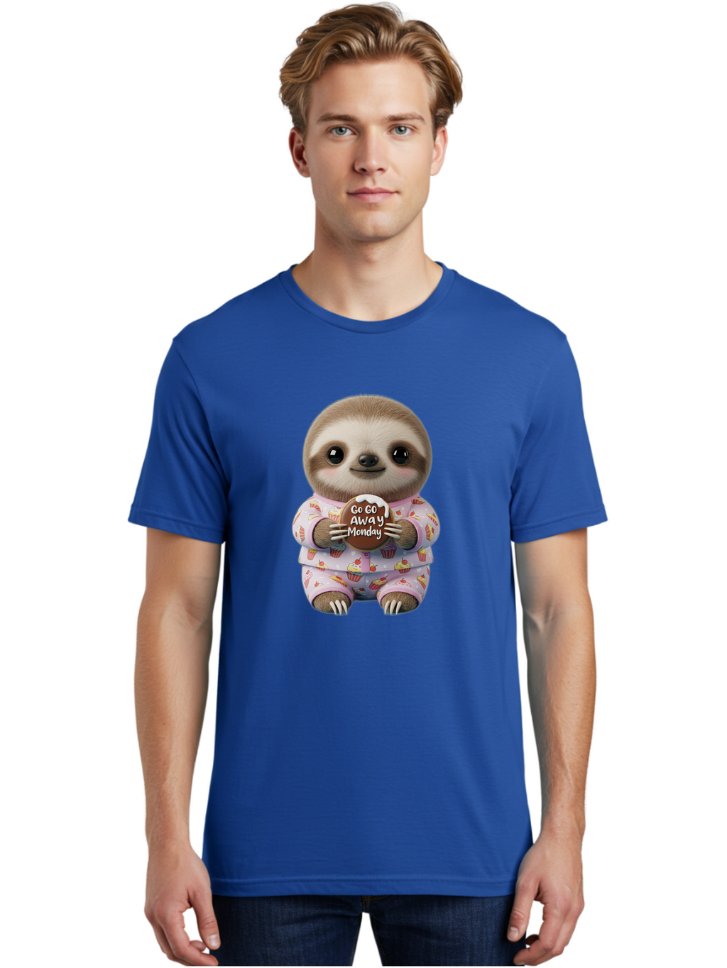 Go-Go-Away-Monday-Sloth Men'S Graphic Tee, 100% Cotton, Comfortable Casual Summer Wear, Machine Washable, Cute Sloth, Funny Sloth, Sloth In Pajamas, Cupcake Patterned, Holding Chocolate, Go Away Monday, Monday Blues, Humorous Illustration Bae461