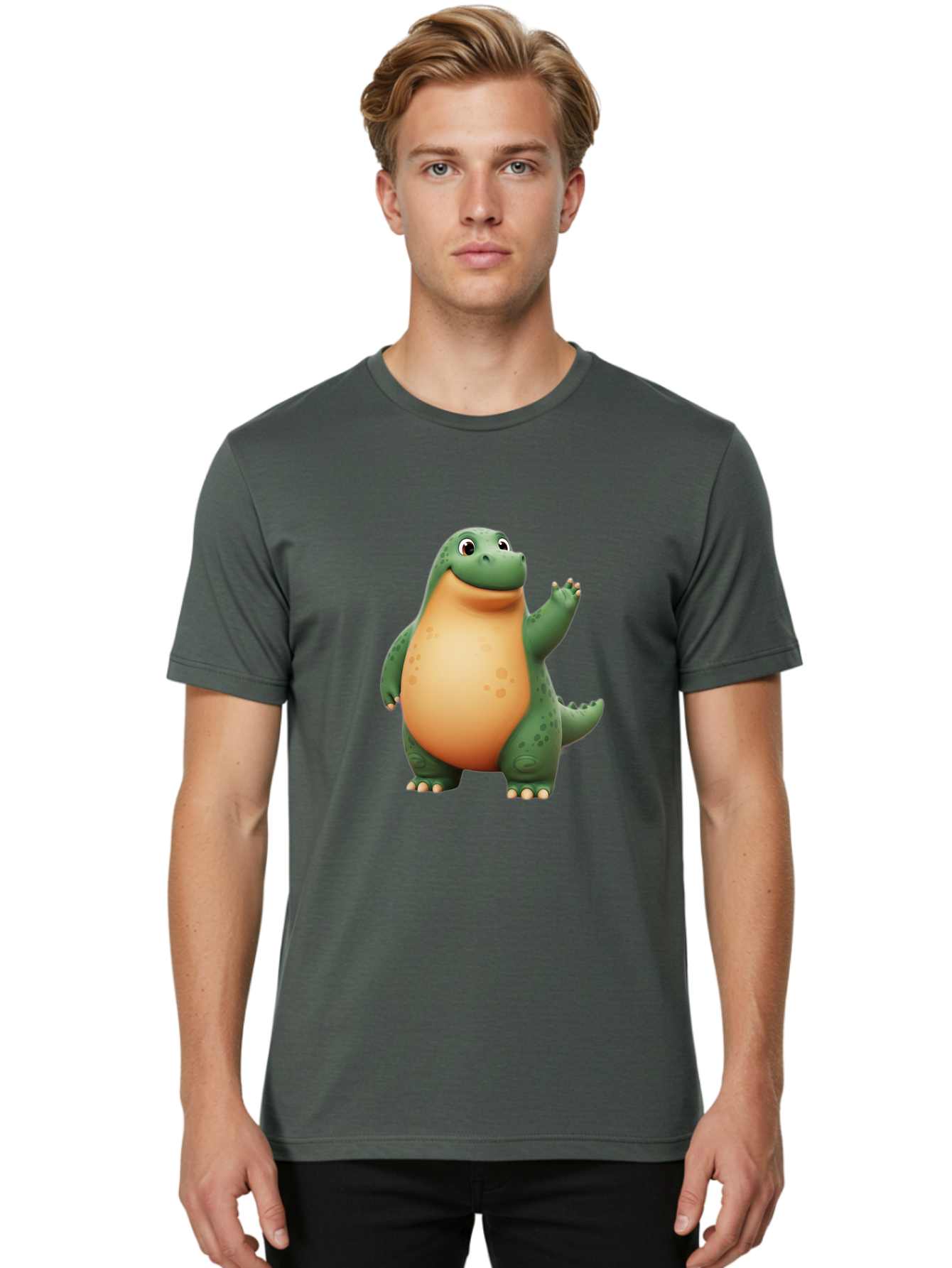Green-Dinosaur Men'S Graphic Tee, 100% Cotton, Comfortable Casual Summer Wear, Machine Washable, Cartoon T-Rex, Smiling Dinosaur, Green And Orange Creature, Cute Prehistoric Animal, Friendly Monster, Dinosaur Waving, Dinosaur With Big Belly Bae463
