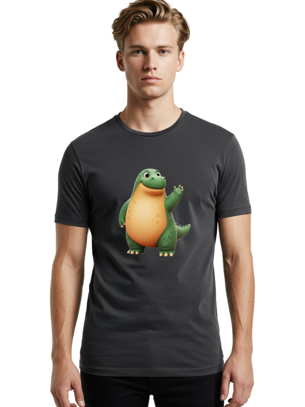 Green-Dinosaur Men'S Graphic Tee, 100% Cotton, Comfortable Casual Summer Wear, Machine Washable, Cartoon T-Rex, Smiling Dinosaur, Green And Orange Creature, Cute Prehistoric Animal, Friendly Monster, Dinosaur Waving, Dinosaur With Big Belly Bae463