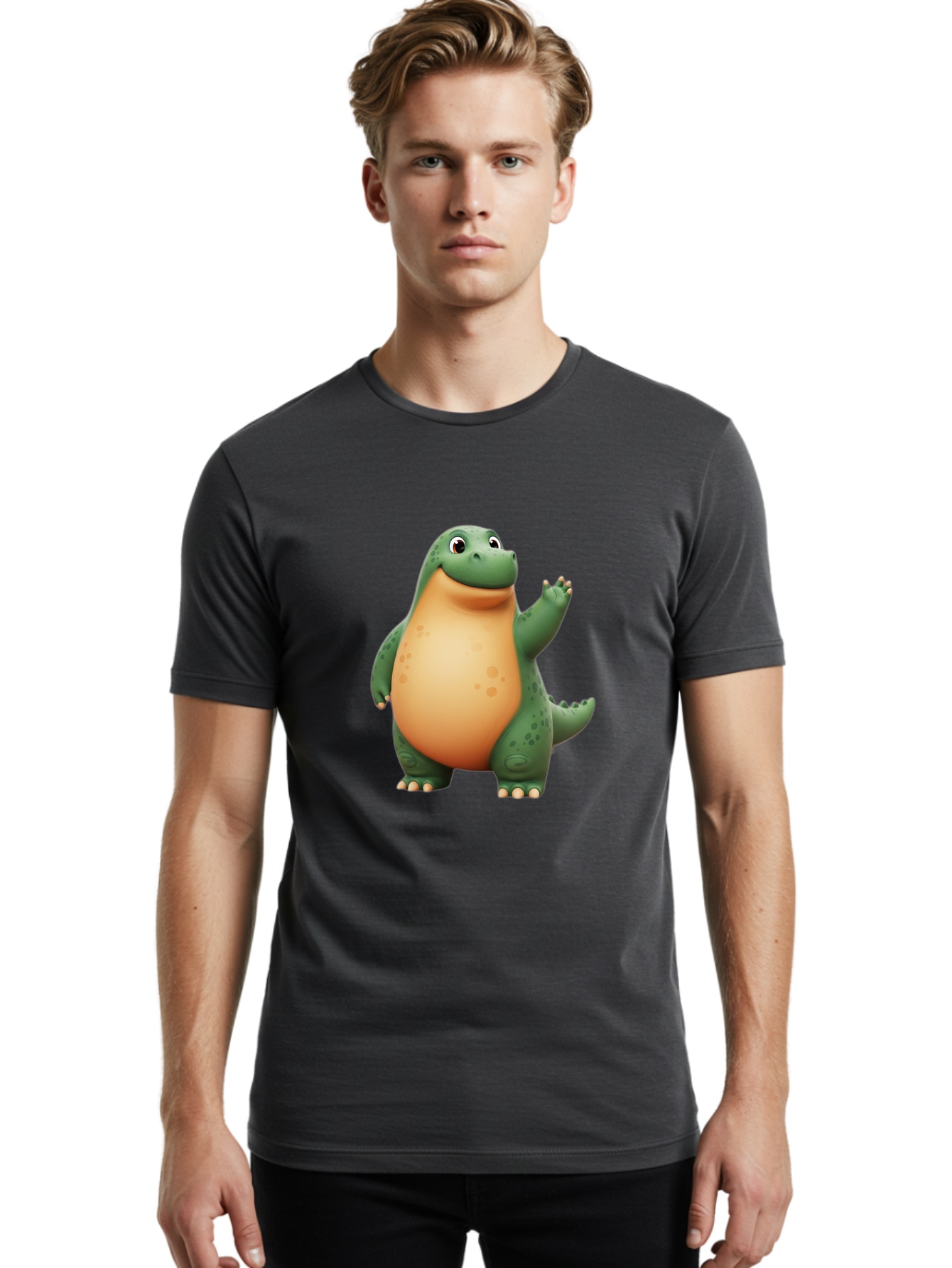 Green-Dinosaur Men'S Graphic Tee, 100% Cotton, Comfortable Casual Summer Wear, Machine Washable, Cartoon T-Rex, Smiling Dinosaur, Green And Orange Creature, Cute Prehistoric Animal, Friendly Monster, Dinosaur Waving, Dinosaur With Big Belly Bae463