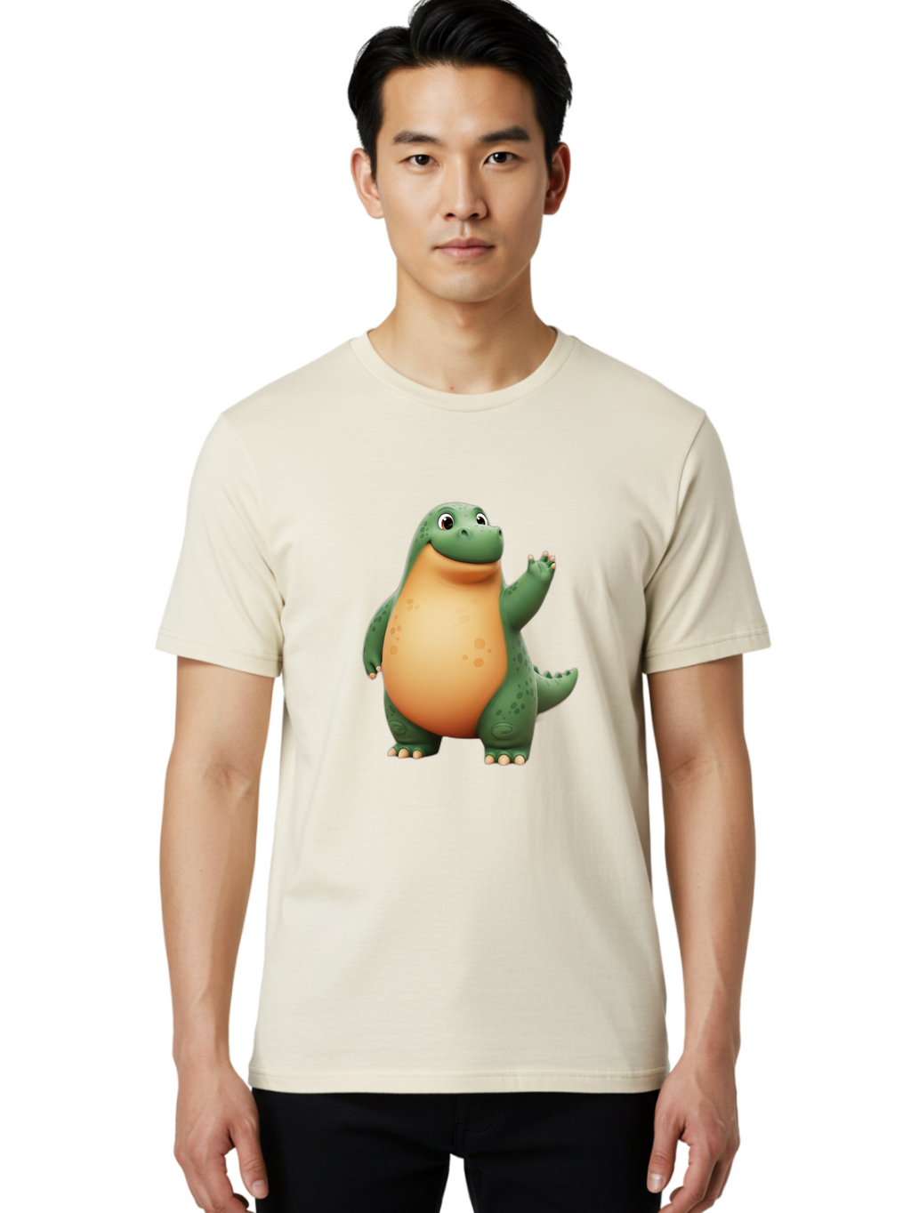 Green-Dinosaur Men'S Graphic Tee, 100% Cotton, Comfortable Casual Summer Wear, Machine Washable, Cartoon T-Rex, Smiling Dinosaur, Green And Orange Creature, Cute Prehistoric Animal, Friendly Monster, Dinosaur Waving, Dinosaur With Big Belly Bae463