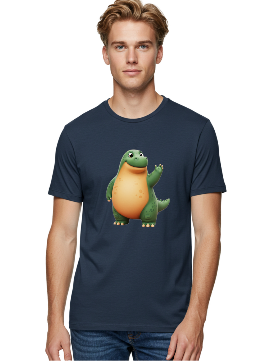 Green-Dinosaur Men'S Graphic Tee, 100% Cotton, Comfortable Casual Summer Wear, Machine Washable, Cartoon T-Rex, Smiling Dinosaur, Green And Orange Creature, Cute Prehistoric Animal, Friendly Monster, Dinosaur Waving, Dinosaur With Big Belly Bae463