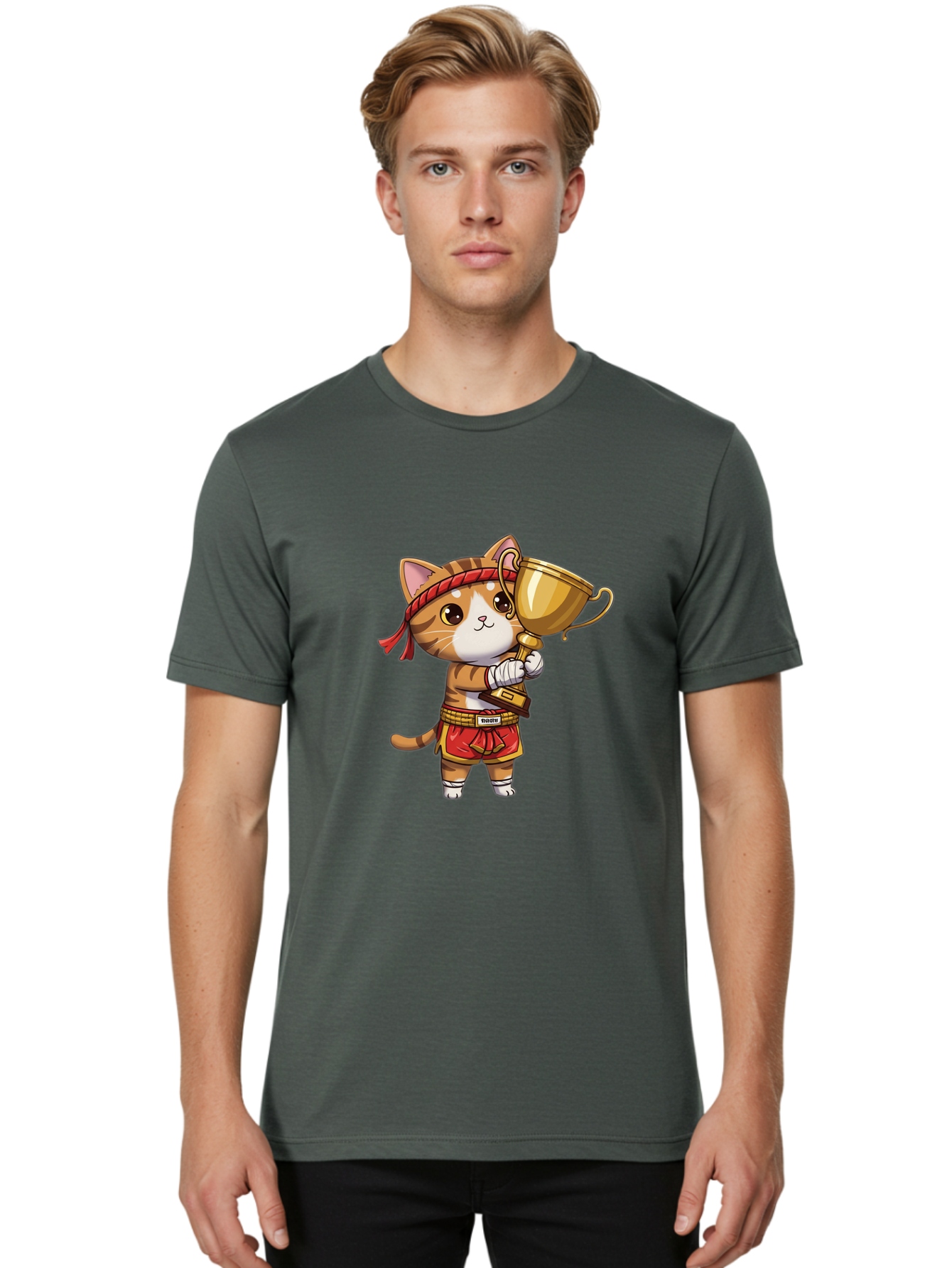 Gudetama-Cat Men'S Graphic Tee, 100% Cotton, Comfortable Casual Summer Wear, Machine Washable, Cartoon Cat, Muay Thai Fighter, Golden Trophy, Martial Arts, Winner, Champion, Adorable Cat, Red Shorts, Headband, Victorious, Celebratory Bae464