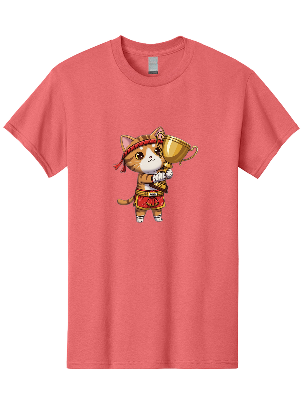 Gudetama-Cat Men'S Graphic Tee, 100% Cotton, Comfortable Casual Summer Wear, Machine Washable, Cartoon Cat, Muay Thai Fighter, Golden Trophy, Martial Arts, Winner, Champion, Adorable Cat, Red Shorts, Headband, Victorious, Celebratory Bae464
