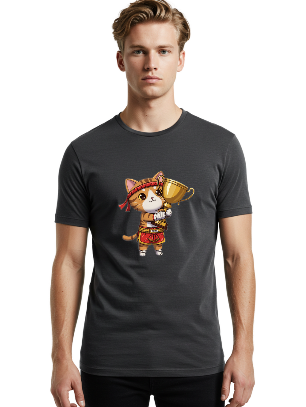 Gudetama-Cat Men'S Graphic Tee, 100% Cotton, Comfortable Casual Summer Wear, Machine Washable, Cartoon Cat, Muay Thai Fighter, Golden Trophy, Martial Arts, Winner, Champion, Adorable Cat, Red Shorts, Headband, Victorious, Celebratory Bae464