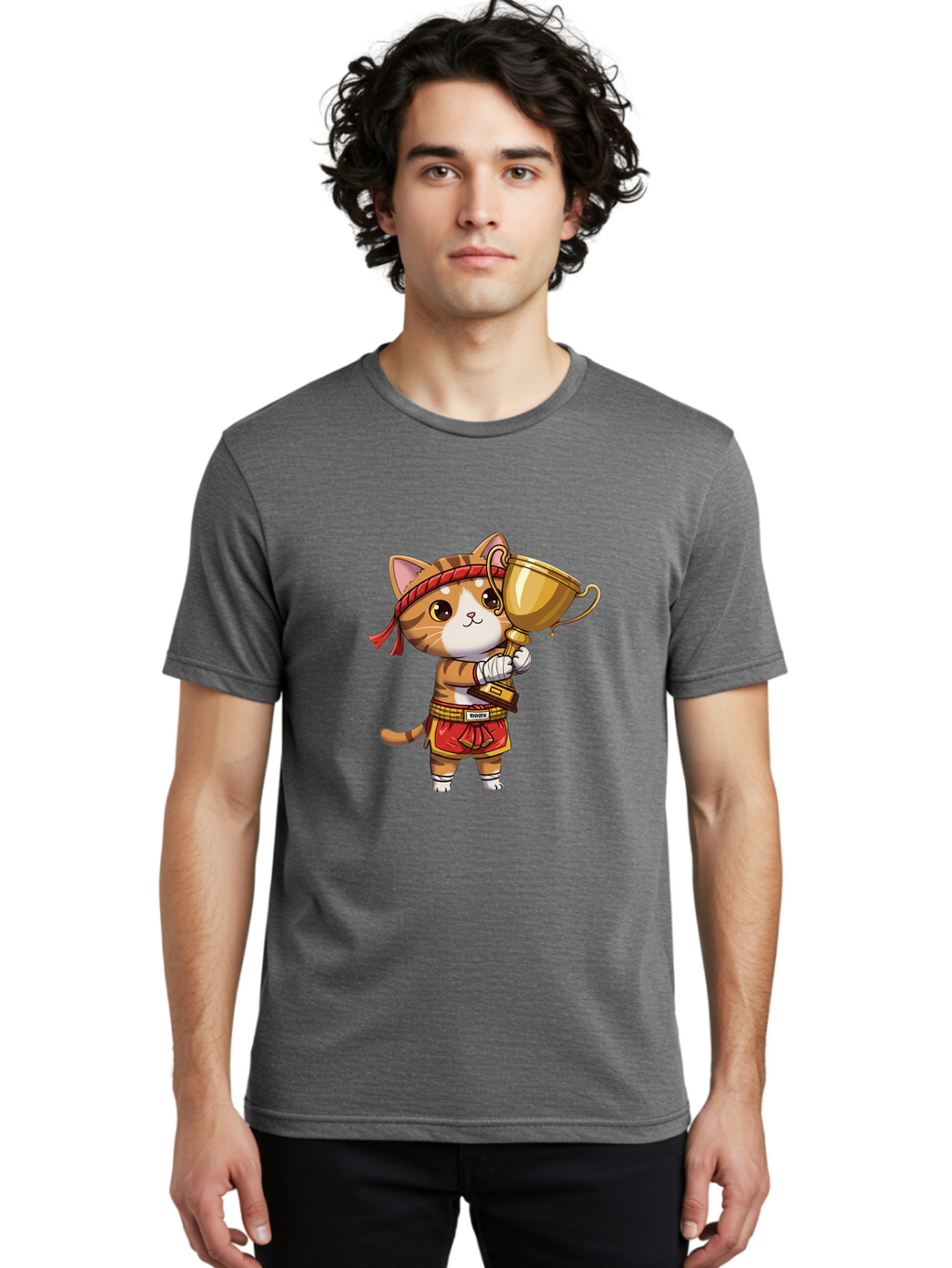 Gudetama-Cat Men'S Graphic Tee, 100% Cotton, Comfortable Casual Summer Wear, Machine Washable, Cartoon Cat, Muay Thai Fighter, Golden Trophy, Martial Arts, Winner, Champion, Adorable Cat, Red Shorts, Headband, Victorious, Celebratory Bae464