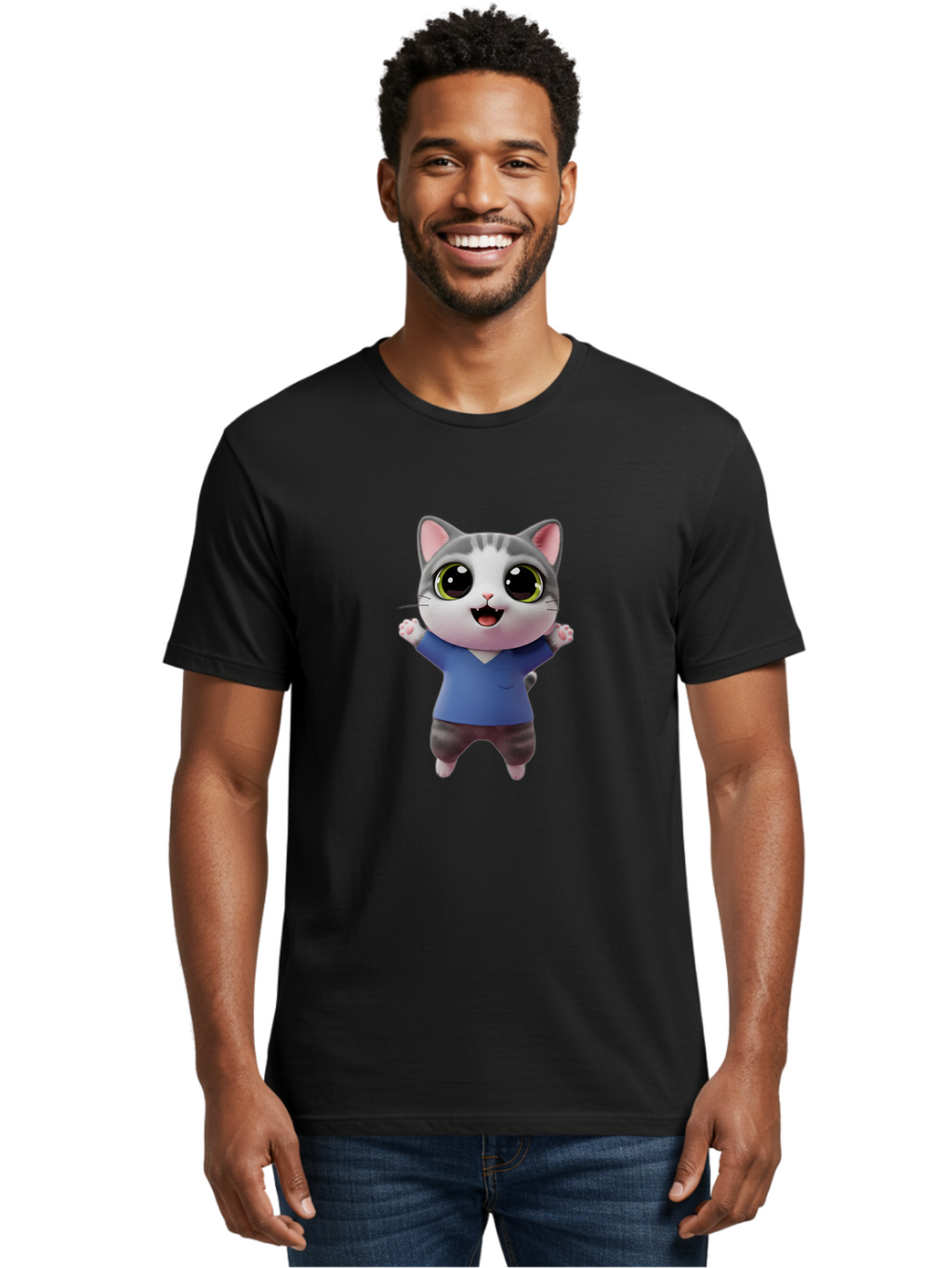 Happy-Cat Men'S Graphic Tee, 100% Cotton, Comfortable Casual Summer Wear, Machine Washable, Cartoon Cat, Gray And White Fur, Blue Shirt, Black Pants, Big Eyes, Cute Expression, Happy Face, Animated Character, 3D Illustration, Joyful Pose, Bae465