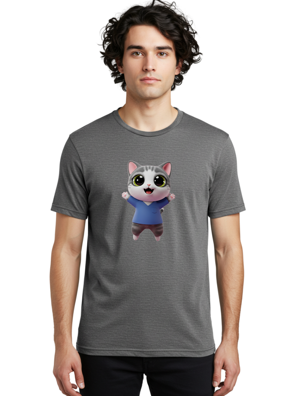 Happy-Cat Men'S Graphic Tee, 100% Cotton, Comfortable Casual Summer Wear, Machine Washable, Cartoon Cat, Gray And White Fur, Blue Shirt, Black Pants, Big Eyes, Cute Expression, Happy Face, Animated Character, 3D Illustration, Joyful Pose, Bae465