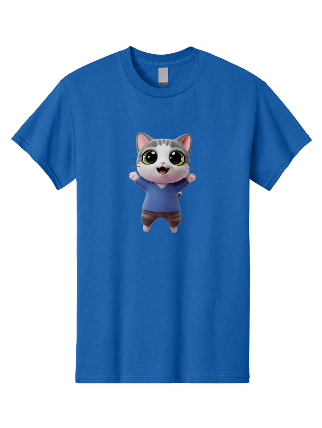 Happy-Cat Men'S Graphic Tee, 100% Cotton, Comfortable Casual Summer Wear, Machine Washable, Cartoon Cat, Gray And White Fur, Blue Shirt, Black Pants, Big Eyes, Cute Expression, Happy Face, Animated Character, 3D Illustration, Joyful Pose, Bae465