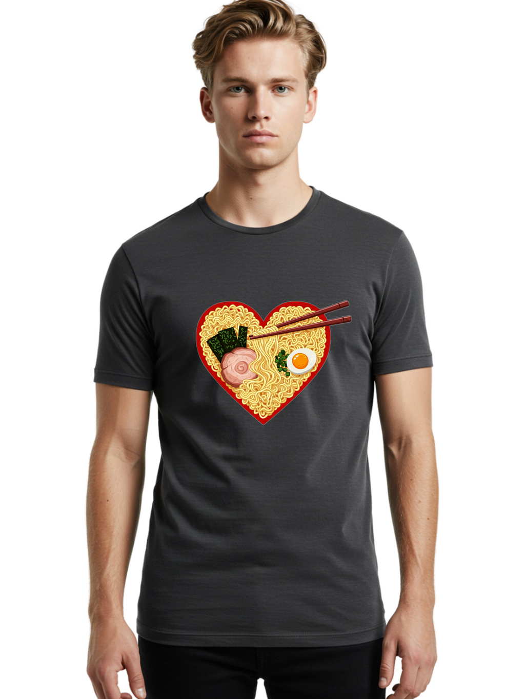 Heart-Shaped-Ramen-Noodles Men'S Graphic Tee, 100% Cotton, Comfortable Casual Summer Wear, Machine Washable, Ramen Noodles, Heart-Shaped Bowl, Chopsticks, Soft-Boiled Egg, Sliced Pork, Seaweed, Green Onions, Asian Cuisine, Japanese Food, Bae466