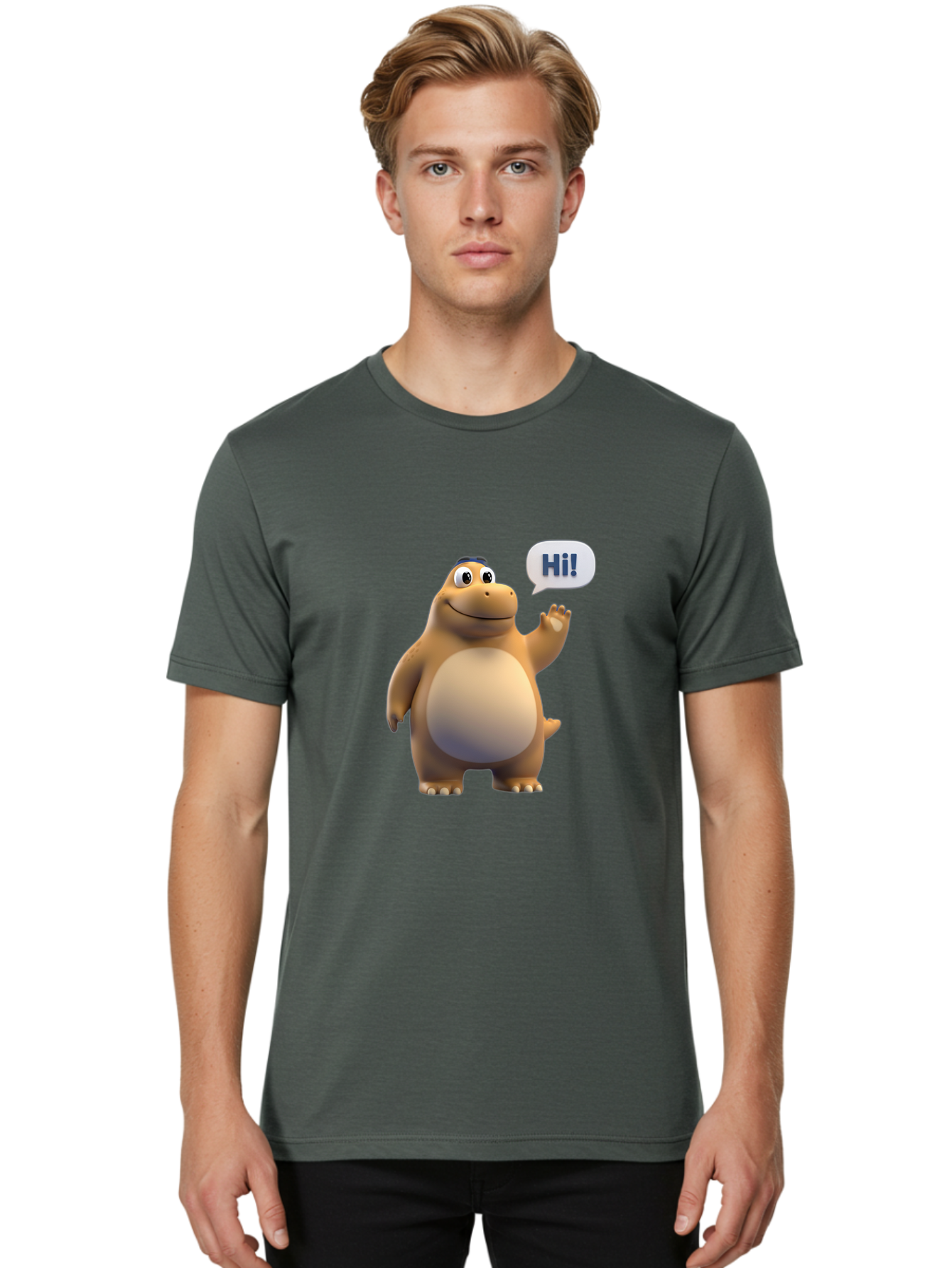 Hi Men'S Graphic Tee, 100% Cotton, Comfortable Casual Summer Wear, Machine Washable, Cartoon Dinosaur, Friendly Character, Waving Hand, Greeting Gesture, Speech Bubble, Hi, Dinosaur Illustration, Animated Creature, Digital Art, 3D Rendering, Bae467