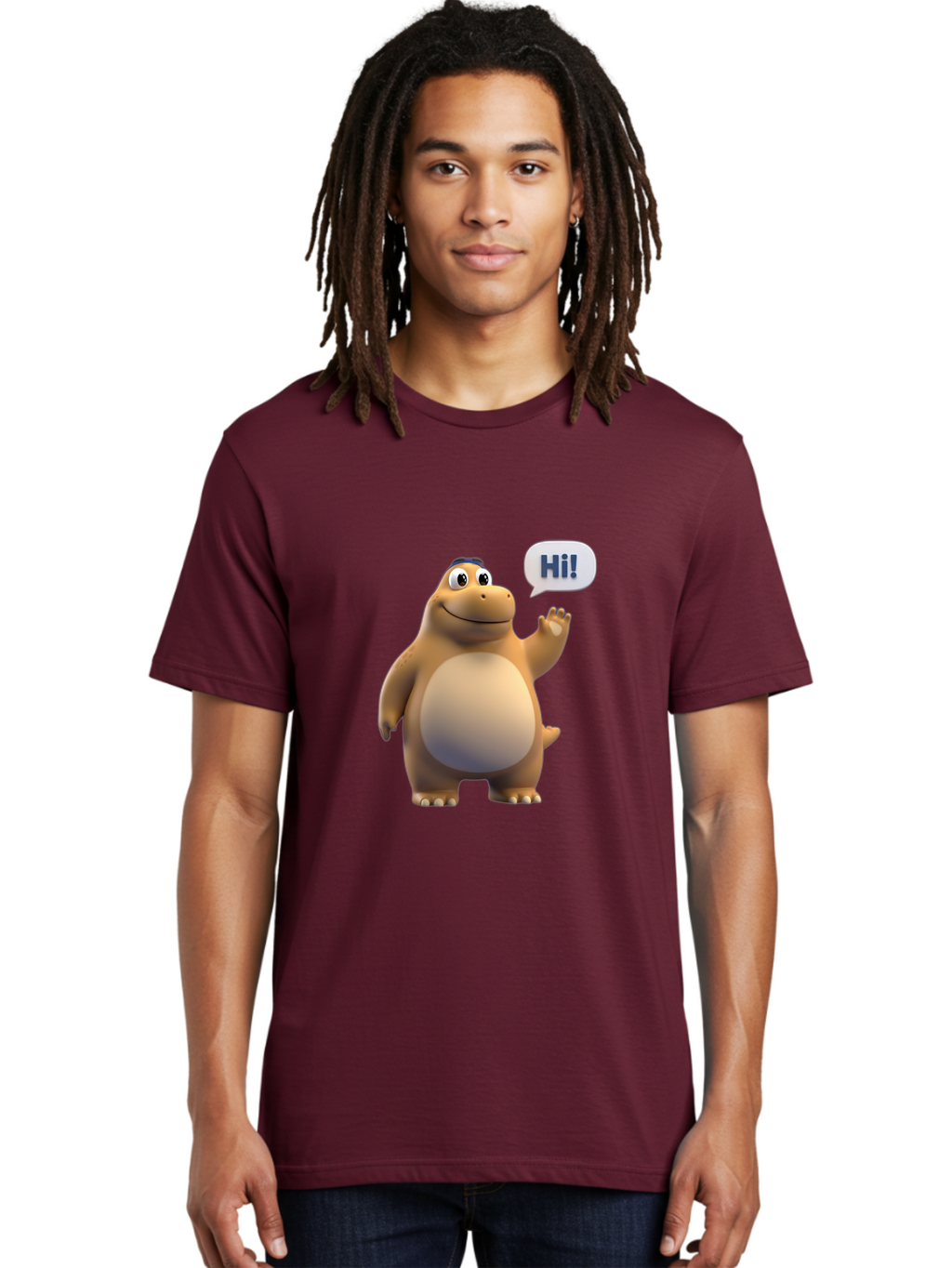Hi Men'S Graphic Tee, 100% Cotton, Comfortable Casual Summer Wear, Machine Washable, Cartoon Dinosaur, Friendly Character, Waving Hand, Greeting Gesture, Speech Bubble, Hi, Dinosaur Illustration, Animated Creature, Digital Art, 3D Rendering, Bae467