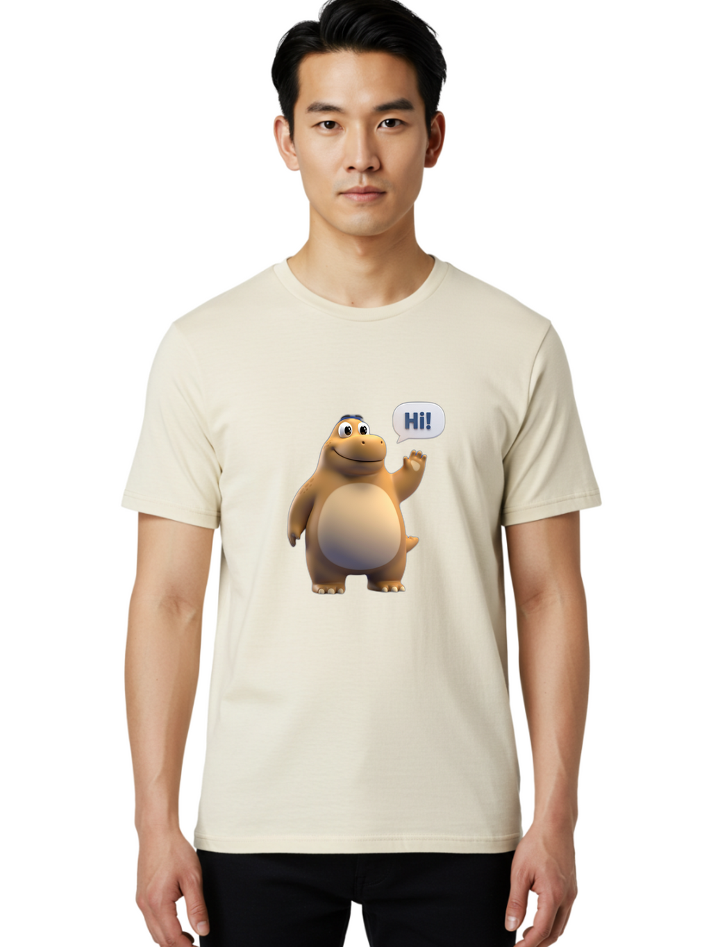 Hi Men'S Graphic Tee, 100% Cotton, Comfortable Casual Summer Wear, Machine Washable, Cartoon Dinosaur, Friendly Character, Waving Hand, Greeting Gesture, Speech Bubble, Hi, Dinosaur Illustration, Animated Creature, Digital Art, 3D Rendering, Bae467