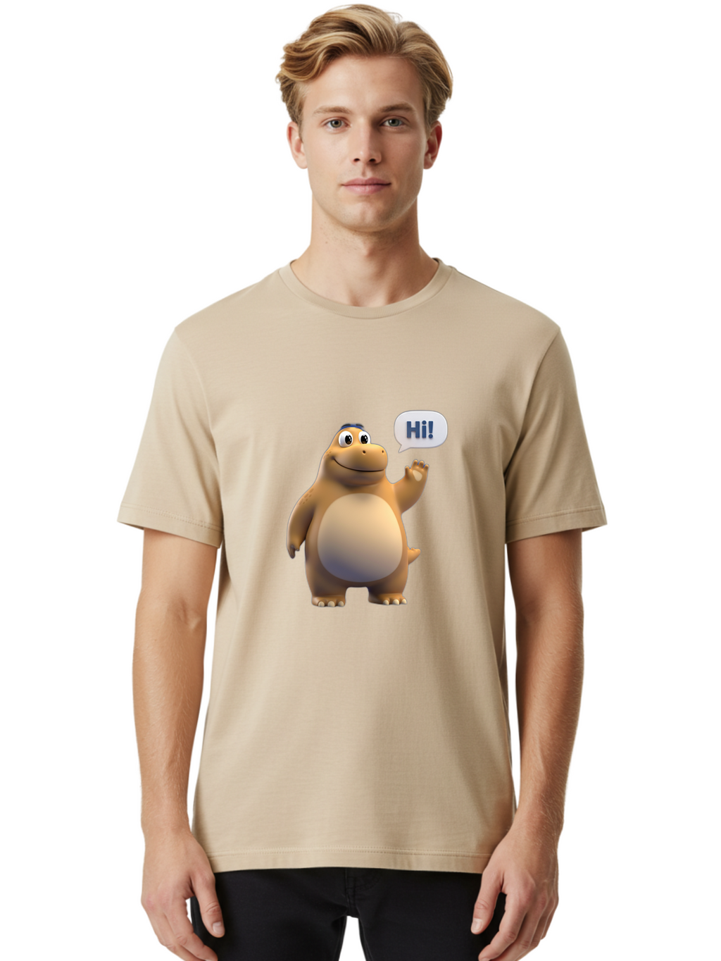 Hi Men'S Graphic Tee, 100% Cotton, Comfortable Casual Summer Wear, Machine Washable, Cartoon Dinosaur, Friendly Character, Waving Hand, Greeting Gesture, Speech Bubble, Hi, Dinosaur Illustration, Animated Creature, Digital Art, 3D Rendering, Bae467