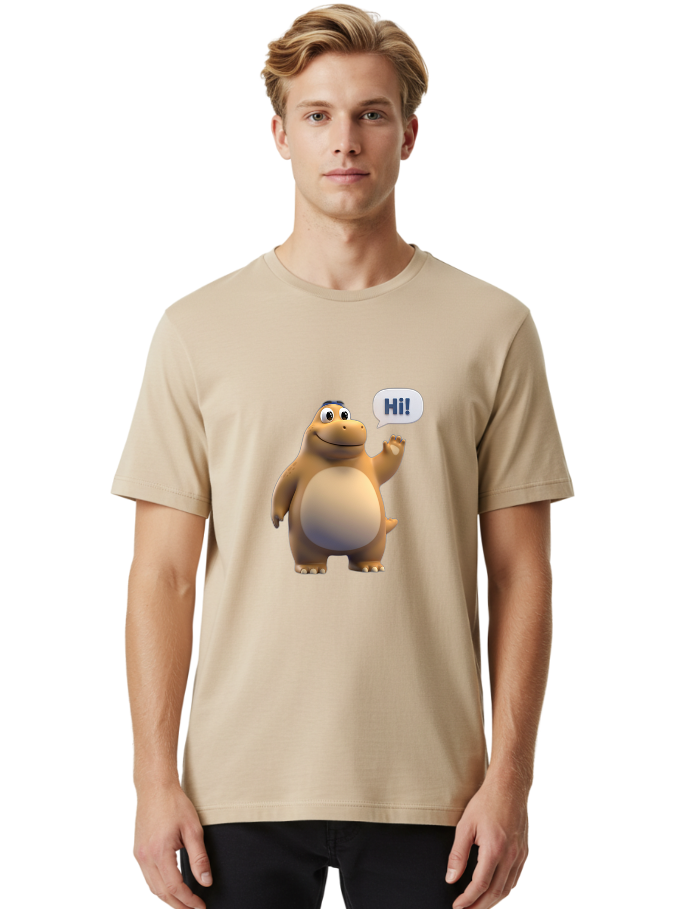Hi Men'S Graphic Tee, 100% Cotton, Comfortable Casual Summer Wear, Machine Washable, Cartoon Dinosaur, Friendly Character, Waving Hand, Greeting Gesture, Speech Bubble, Hi, Dinosaur Illustration, Animated Creature, Digital Art, 3D Rendering, Bae467