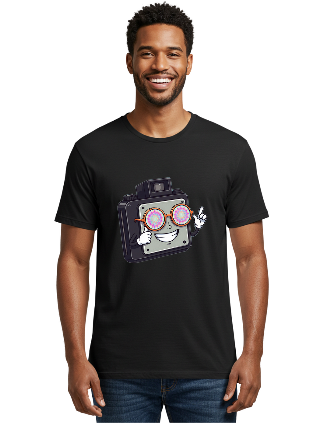 Instant-Camera-Character Men'S Graphic Tee, 100% Cotton, Comfortable Casual Summer Wear, Machine Washable, Cartoon Camera, Sunglasses, Pink Lenses, Funny Character, Playful Vibe, Happy Expression, Creative Illustration, Fun Photography Bae470