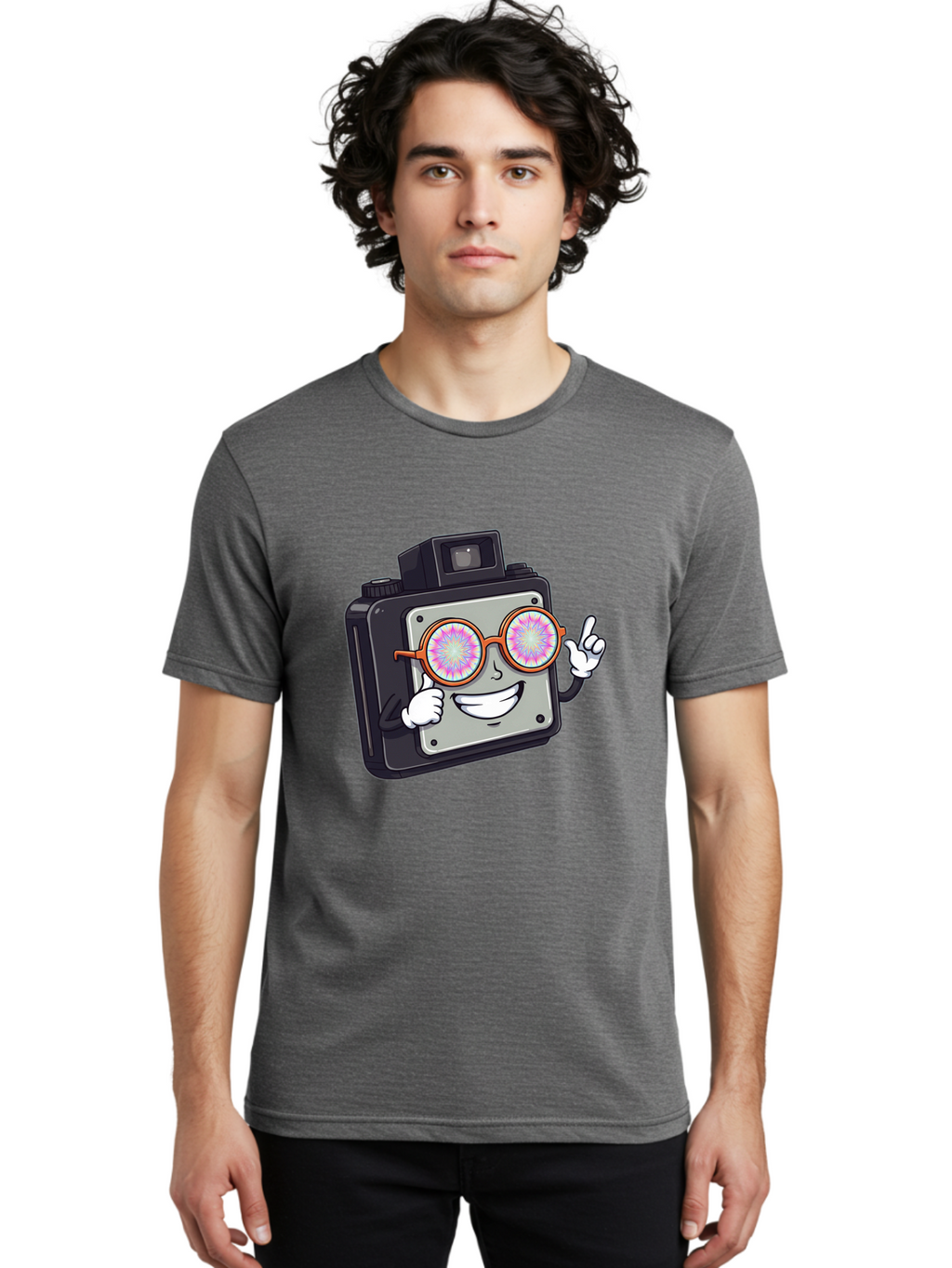 Instant-Camera-Character Men'S Graphic Tee, 100% Cotton, Comfortable Casual Summer Wear, Machine Washable, Cartoon Camera, Sunglasses, Pink Lenses, Funny Character, Playful Vibe, Happy Expression, Creative Illustration, Fun Photography Bae470