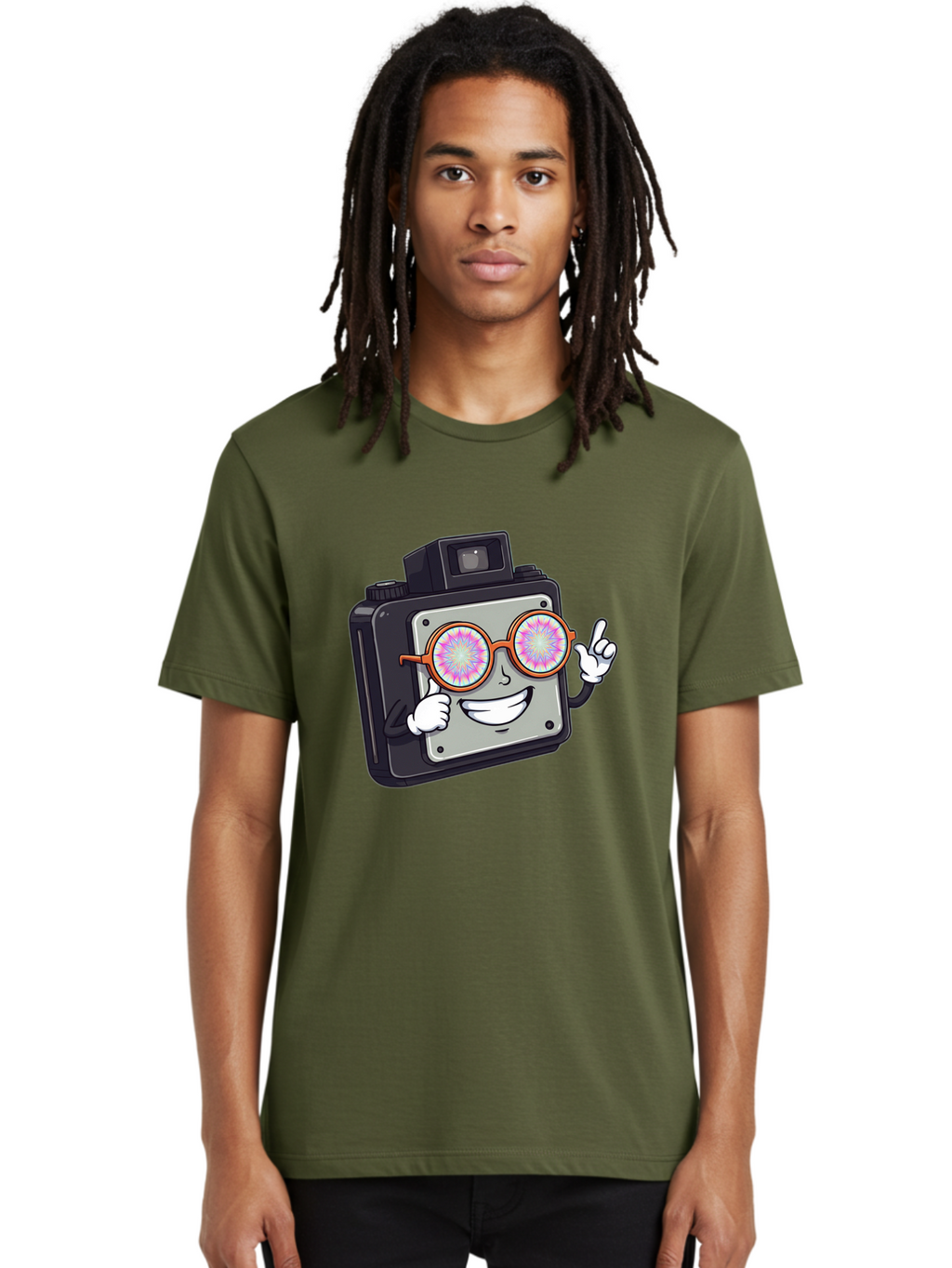 Instant-Camera-Character Men'S Graphic Tee, 100% Cotton, Comfortable Casual Summer Wear, Machine Washable, Cartoon Camera, Sunglasses, Pink Lenses, Funny Character, Playful Vibe, Happy Expression, Creative Illustration, Fun Photography Bae470