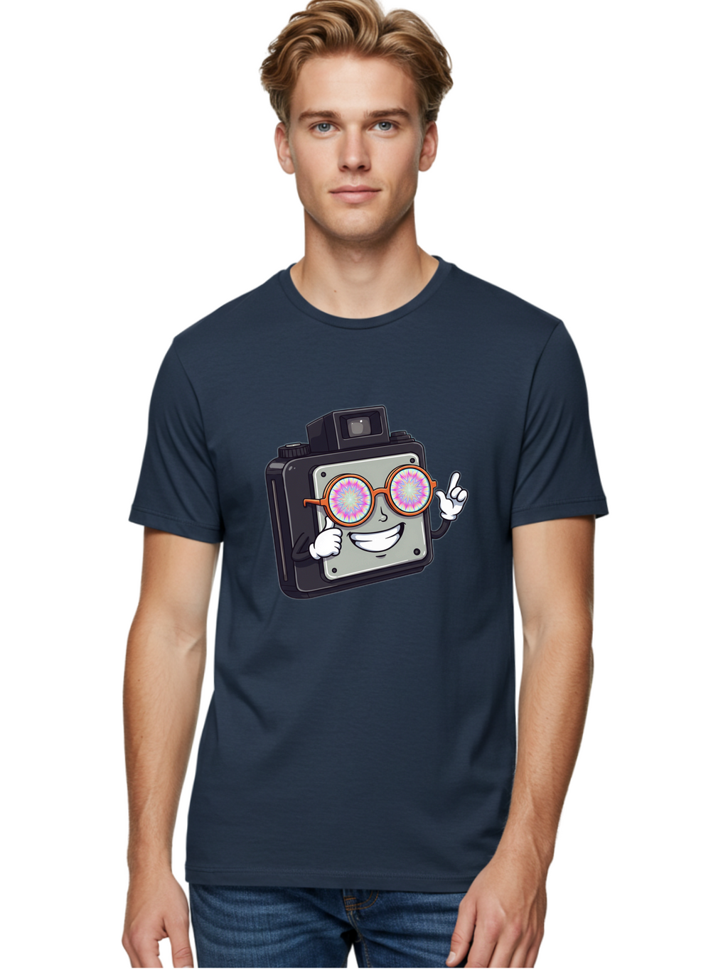 Instant-Camera-Character Men'S Graphic Tee, 100% Cotton, Comfortable Casual Summer Wear, Machine Washable, Cartoon Camera, Sunglasses, Pink Lenses, Funny Character, Playful Vibe, Happy Expression, Creative Illustration, Fun Photography Bae470