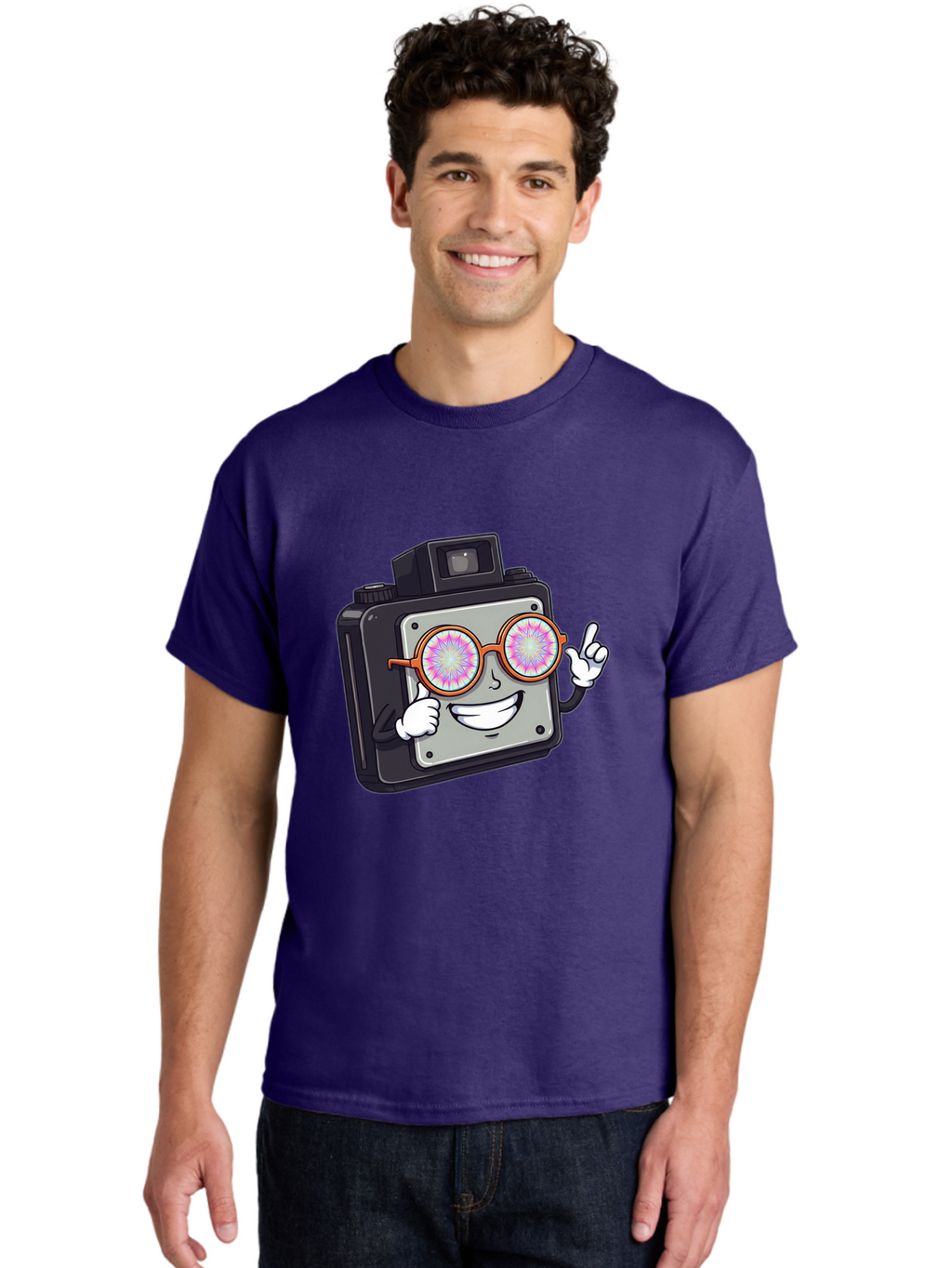 Instant-Camera-Character Men'S Graphic Tee, 100% Cotton, Comfortable Casual Summer Wear, Machine Washable, Cartoon Camera, Sunglasses, Pink Lenses, Funny Character, Playful Vibe, Happy Expression, Creative Illustration, Fun Photography Bae470