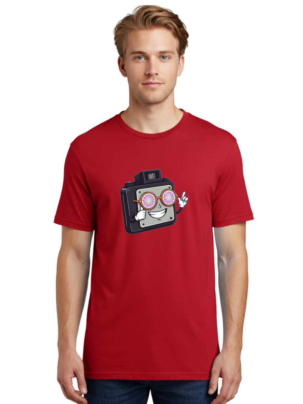 Instant-Camera-Character Men'S Graphic Tee, 100% Cotton, Comfortable Casual Summer Wear, Machine Washable, Cartoon Camera, Sunglasses, Pink Lenses, Funny Character, Playful Vibe, Happy Expression, Creative Illustration, Fun Photography Bae470