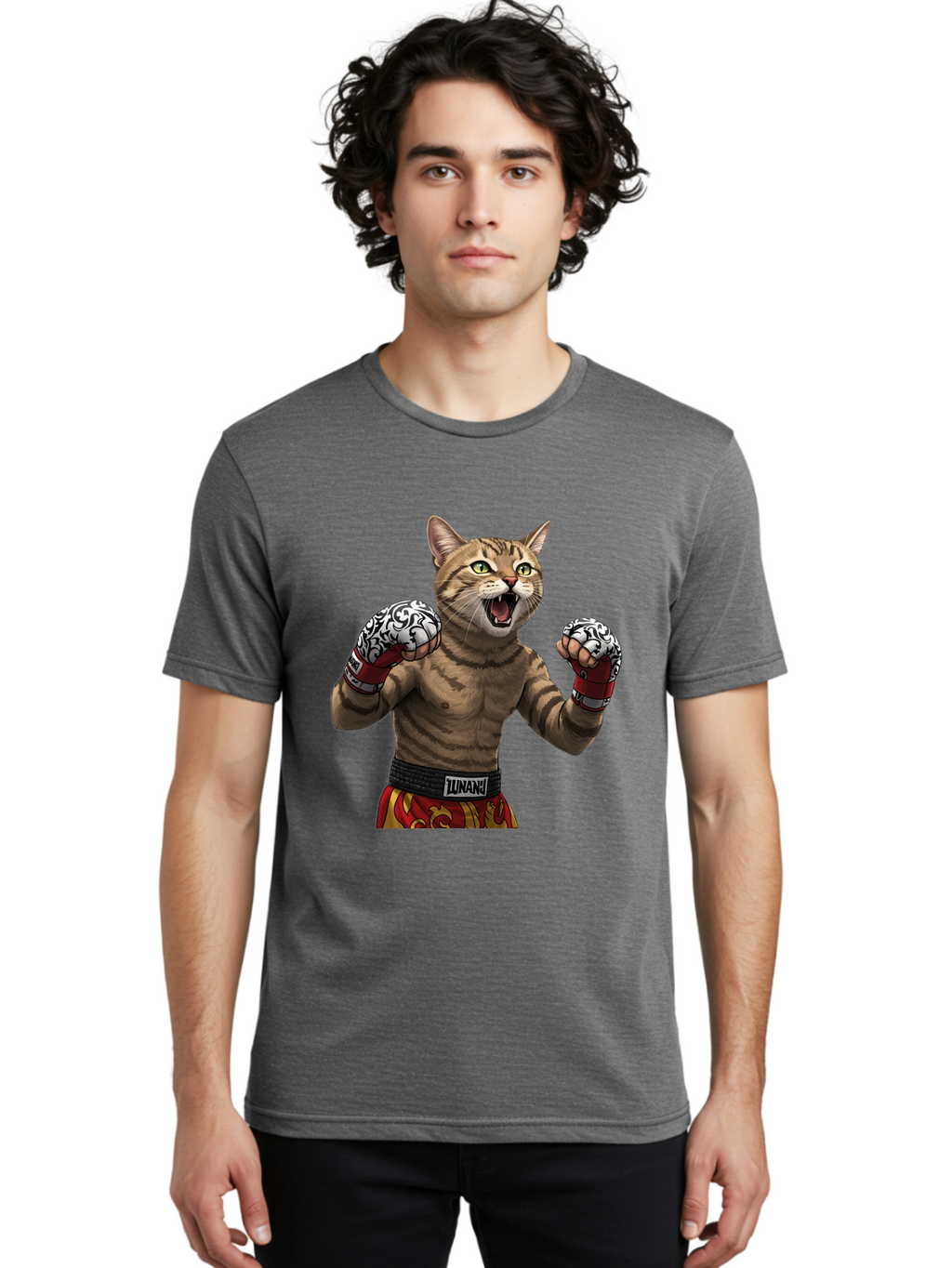 Inunaki Men'S Graphic Tee, 100% Cotton, Comfortable Casual Summer Wear, Machine Washable, Boxing Cat, Muscular Cat, Fighting Stance, Cat With Boxing Gloves, Cartoon Cat, Mixed Martial Arts, Feline Fighter, Lunari Branding, Bold Design, Bae471