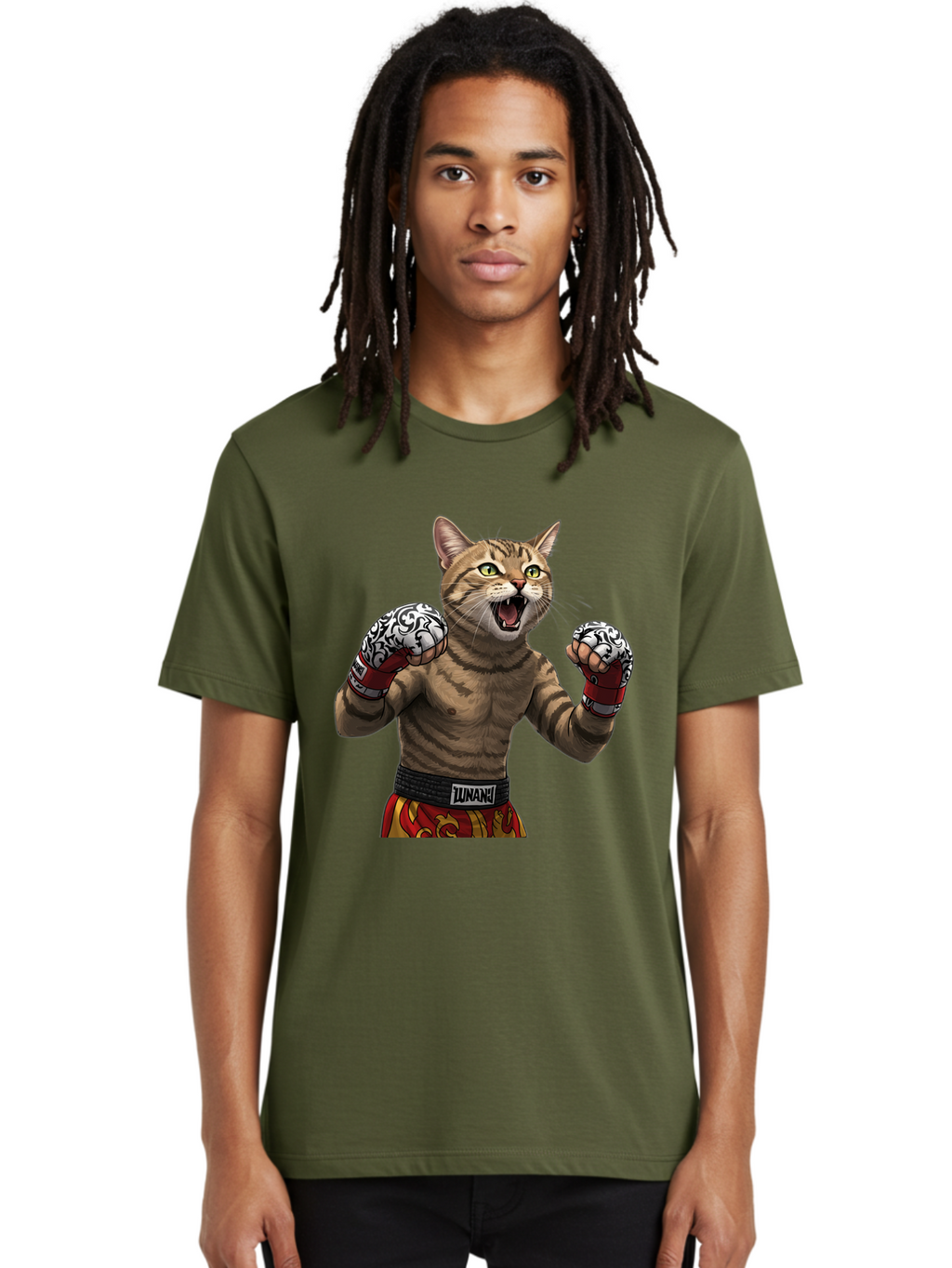 Inunaki Men'S Graphic Tee, 100% Cotton, Comfortable Casual Summer Wear, Machine Washable, Boxing Cat, Muscular Cat, Fighting Stance, Cat With Boxing Gloves, Cartoon Cat, Mixed Martial Arts, Feline Fighter, Lunari Branding, Bold Design, Bae471