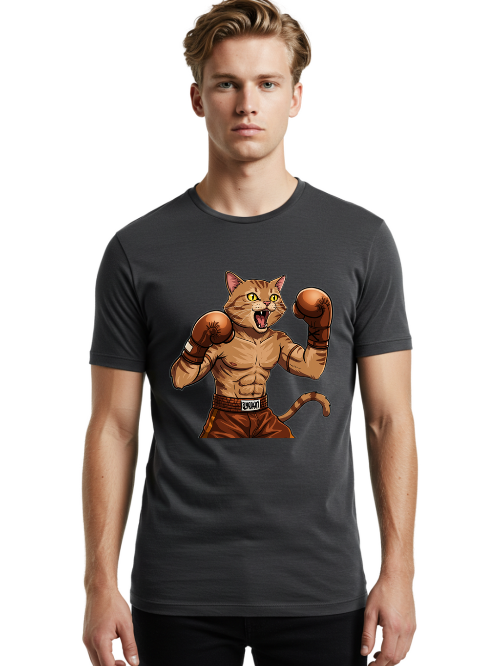 Itnumba Men'S Graphic Tee, 100% Cotton, Comfortable Casual Summer Wear, Machine Washable, Boxing Cat, Cartoon Character, Muscular Feline, Boxing Gloves, Fitness Motivation, Fun Illustration, Tabby Cat, Humorous Design, Anthropomorphic Cat Bae472