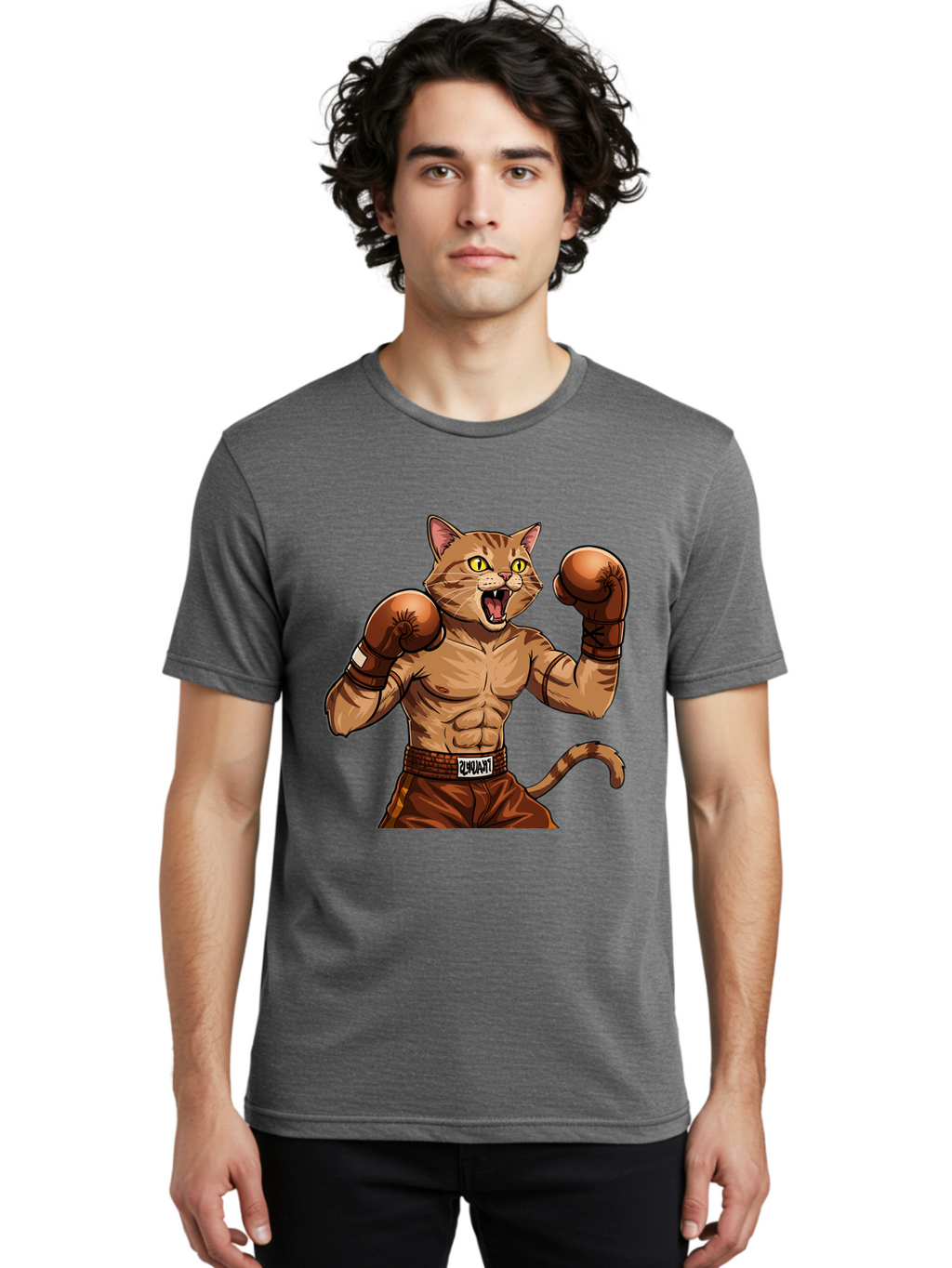 Itnumba Men'S Graphic Tee, 100% Cotton, Comfortable Casual Summer Wear, Machine Washable, Boxing Cat, Cartoon Character, Muscular Feline, Boxing Gloves, Fitness Motivation, Fun Illustration, Tabby Cat, Humorous Design, Anthropomorphic Cat Bae472
