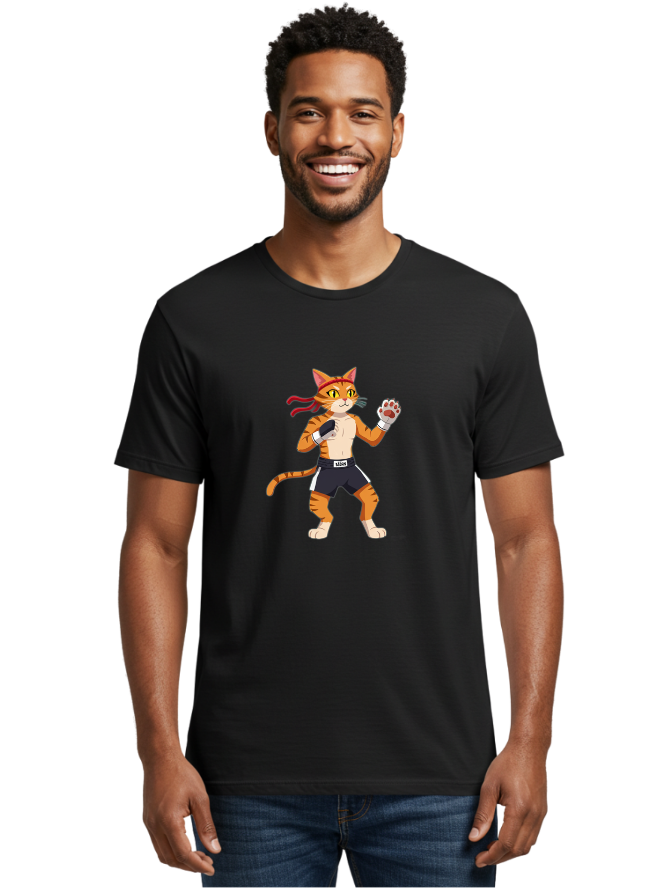 Katom Men'S Graphic Tee, 100% Cotton, Comfortable Casual Summer Wear, Machine Washable, Cartoon Cat Boxer, Orange Striped Cat, Boxing Gloves, Boxing Shorts, Martial Arts, Fighting Cat, Cartoon Character, Funny Animal, Boxing Pose, Bae477