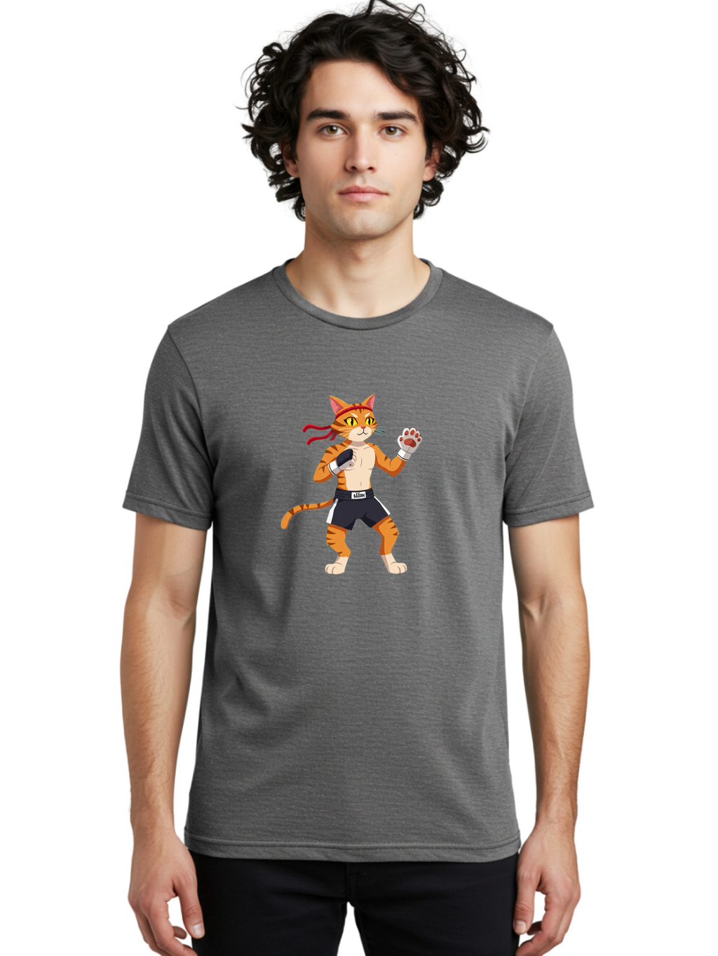 Katom Men'S Graphic Tee, 100% Cotton, Comfortable Casual Summer Wear, Machine Washable, Cartoon Cat Boxer, Orange Striped Cat, Boxing Gloves, Boxing Shorts, Martial Arts, Fighting Cat, Cartoon Character, Funny Animal, Boxing Pose, Bae477