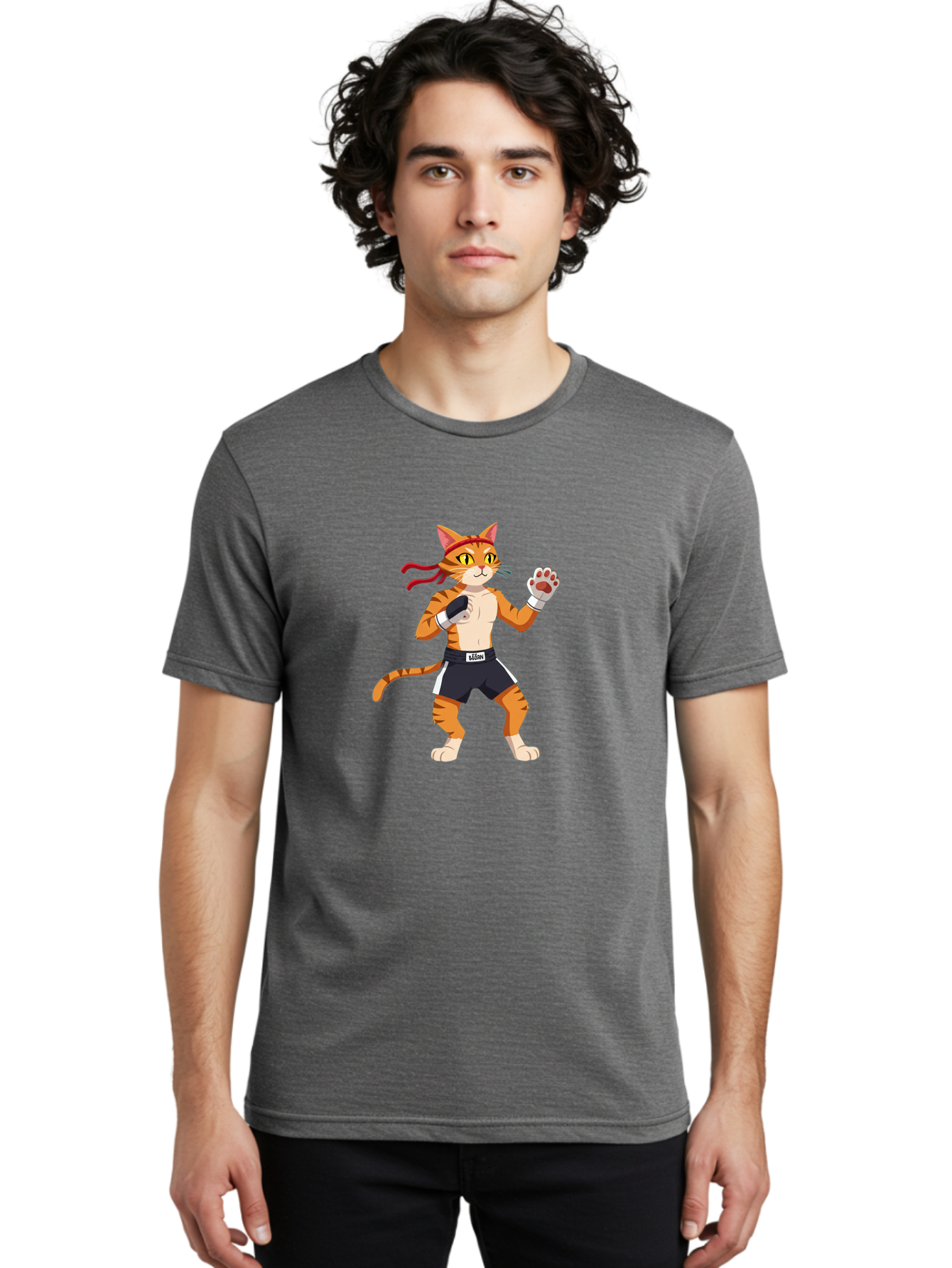 Katom Men'S Graphic Tee, 100% Cotton, Comfortable Casual Summer Wear, Machine Washable, Cartoon Cat Boxer, Orange Striped Cat, Boxing Gloves, Boxing Shorts, Martial Arts, Fighting Cat, Cartoon Character, Funny Animal, Boxing Pose, Bae477