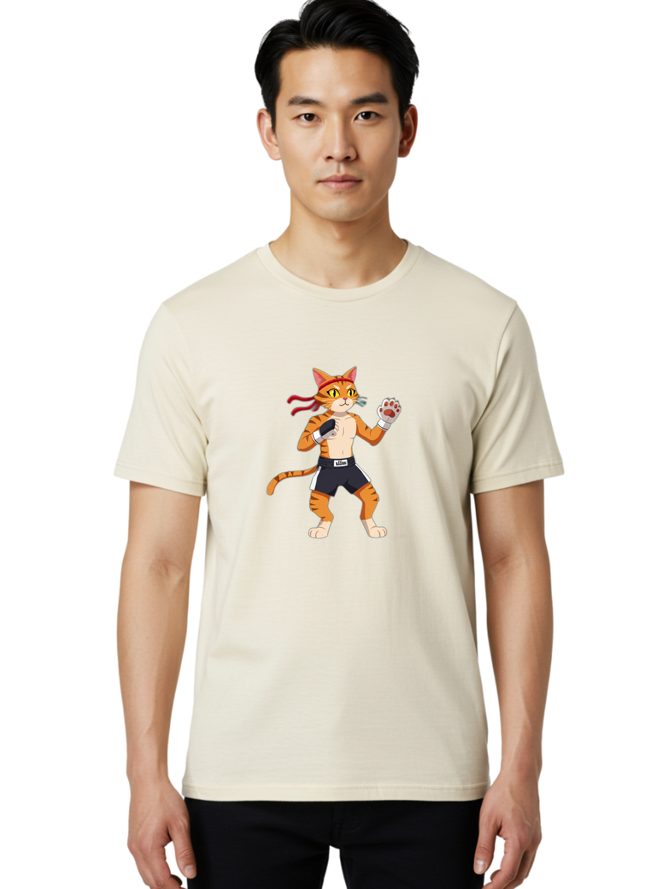 Katom Men'S Graphic Tee, 100% Cotton, Comfortable Casual Summer Wear, Machine Washable, Cartoon Cat Boxer, Orange Striped Cat, Boxing Gloves, Boxing Shorts, Martial Arts, Fighting Cat, Cartoon Character, Funny Animal, Boxing Pose, Bae477