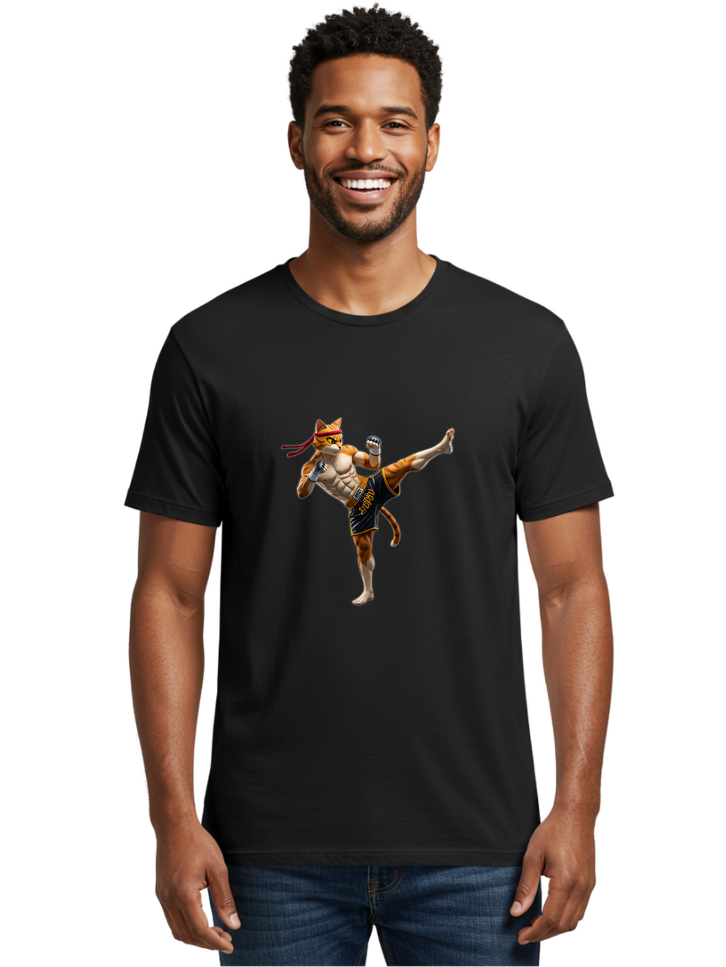 Kitt Men'S Graphic Tee, 100% Cotton, Comfortable Casual Summer Wear, Machine Washable, Cartoon Cat In Muay Thai Stance, Kickboxing Pose, Martial Arts, Athletic Physique, Orange Cat With Red Headband, Fighting Stance, Dynamic Action Bae478
