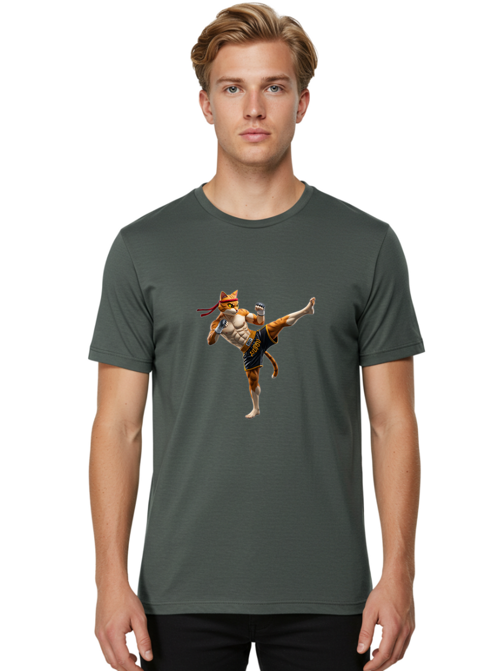 Kitt Men'S Graphic Tee, 100% Cotton, Comfortable Casual Summer Wear, Machine Washable, Cartoon Cat In Muay Thai Stance, Kickboxing Pose, Martial Arts, Athletic Physique, Orange Cat With Red Headband, Fighting Stance, Dynamic Action Bae478