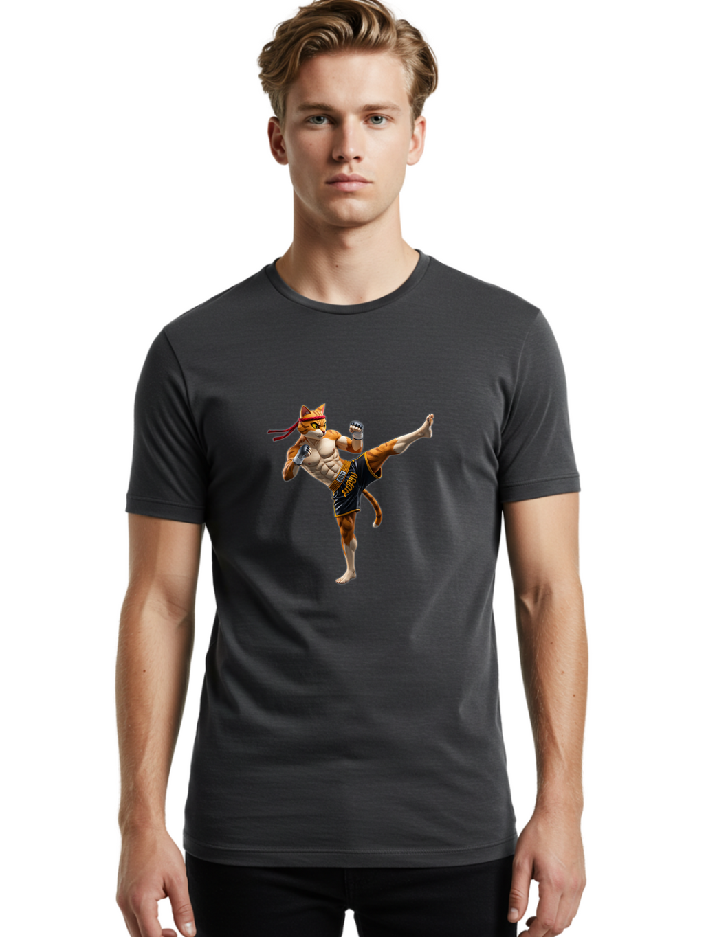 Kitt Men'S Graphic Tee, 100% Cotton, Comfortable Casual Summer Wear, Machine Washable, Cartoon Cat In Muay Thai Stance, Kickboxing Pose, Martial Arts, Athletic Physique, Orange Cat With Red Headband, Fighting Stance, Dynamic Action Bae478
