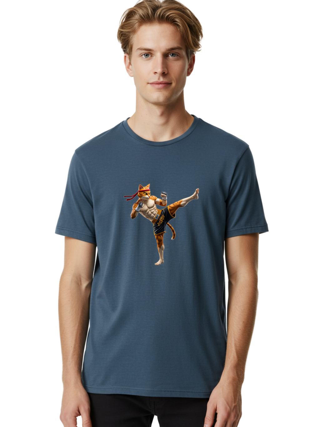 Kitt Men'S Graphic Tee, 100% Cotton, Comfortable Casual Summer Wear, Machine Washable, Cartoon Cat In Muay Thai Stance, Kickboxing Pose, Martial Arts, Athletic Physique, Orange Cat With Red Headband, Fighting Stance, Dynamic Action Bae478