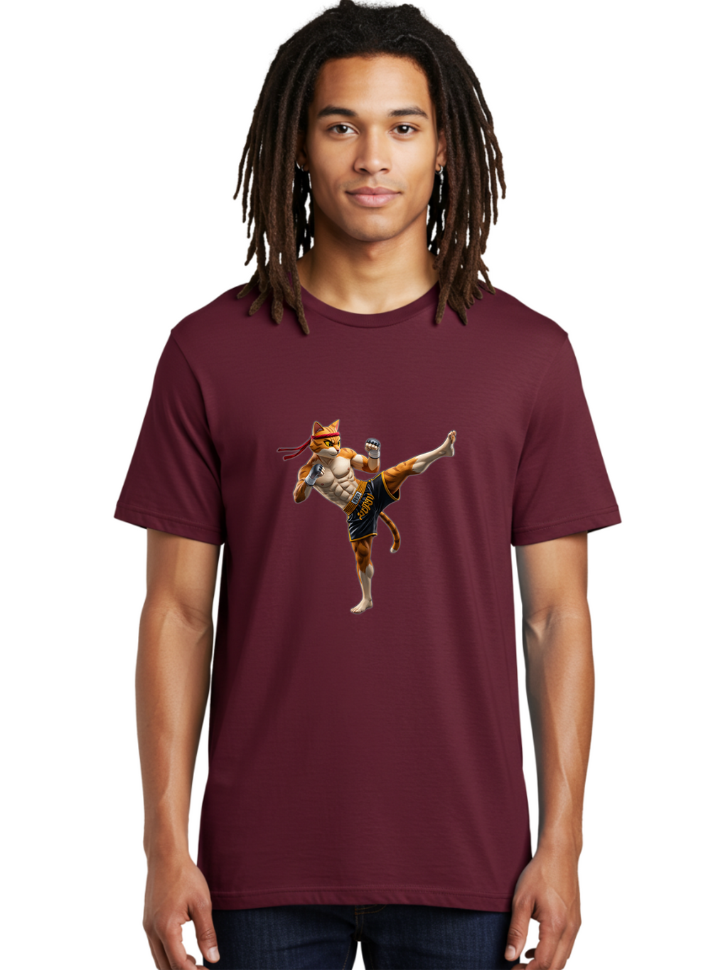 Kitt Men'S Graphic Tee, 100% Cotton, Comfortable Casual Summer Wear, Machine Washable, Cartoon Cat In Muay Thai Stance, Kickboxing Pose, Martial Arts, Athletic Physique, Orange Cat With Red Headband, Fighting Stance, Dynamic Action Bae478